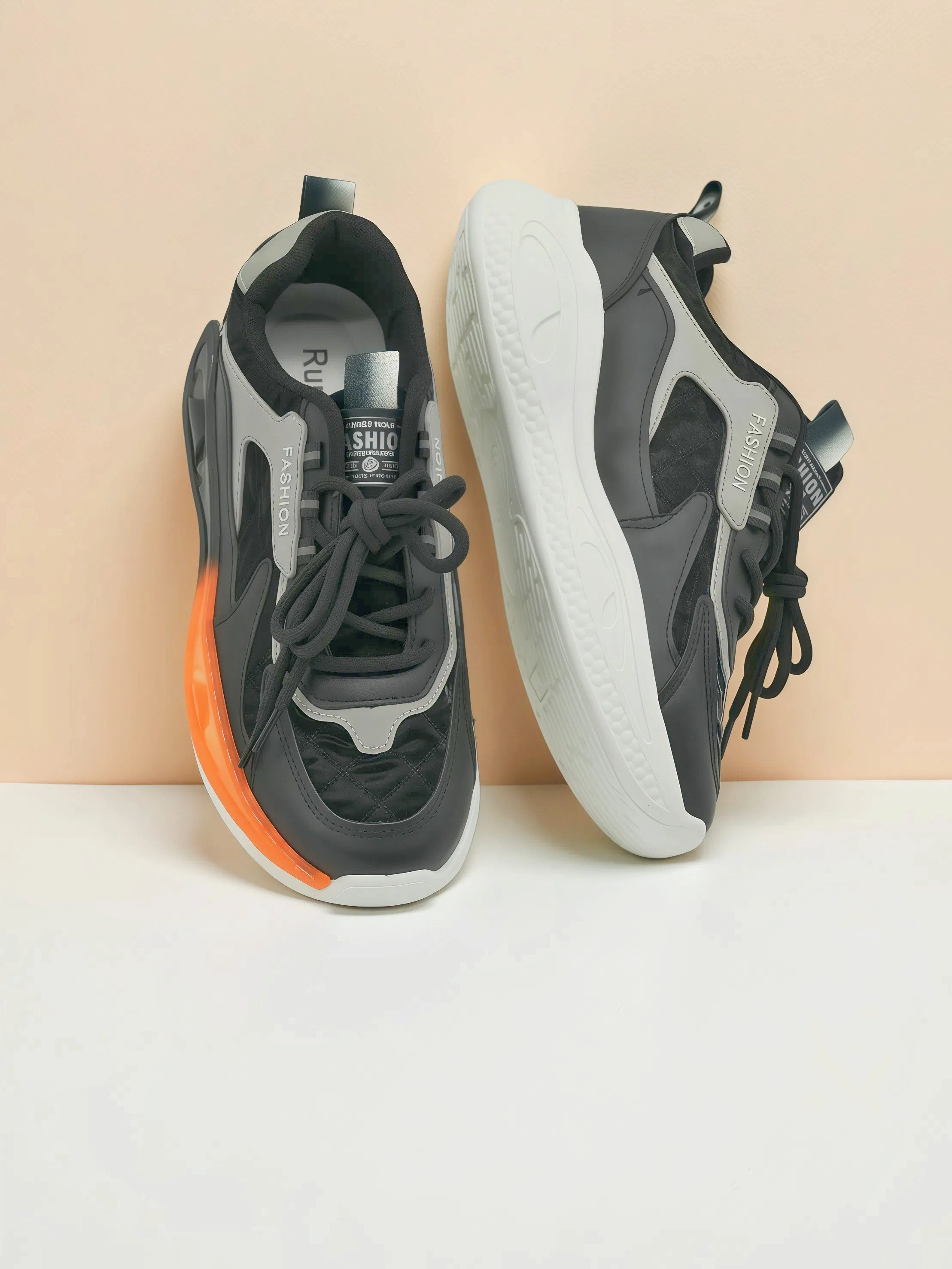 Men’s Chunky Sneakers – Fashion Sports Shoes with White Sole and Orange Accent
