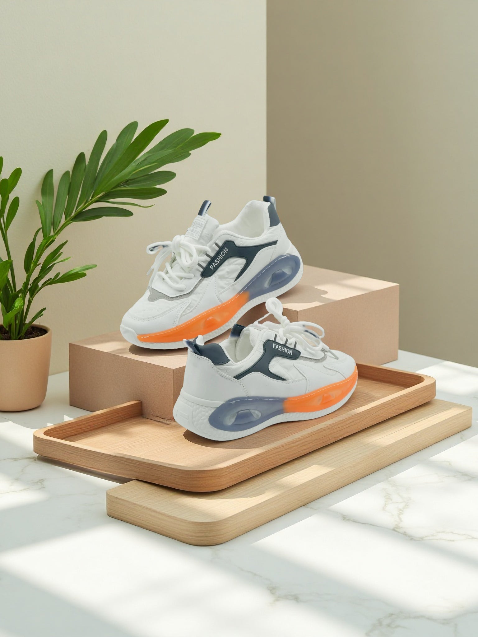 Men’s Chunky Sneakers – Fashion Sports Shoes with White Sole and Orange Accent