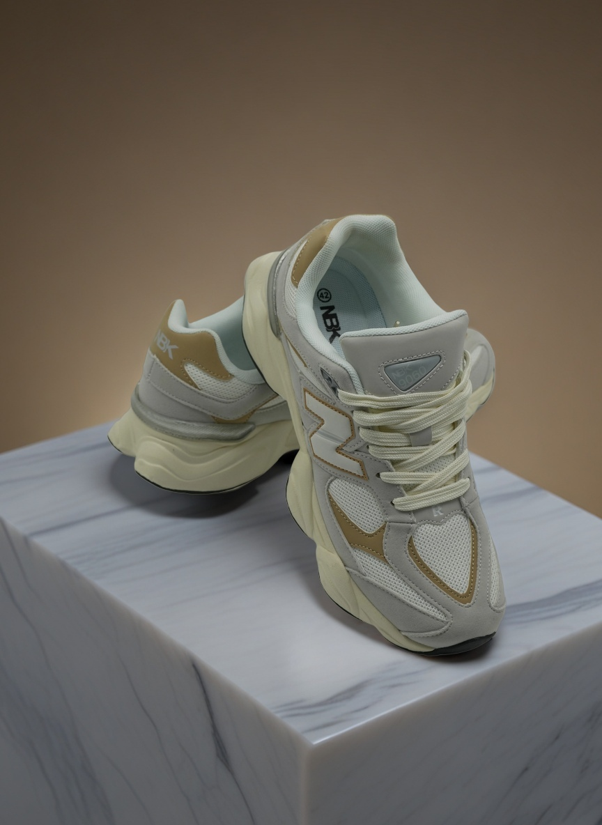 NBK 9060 Unisex Retro Chunky Lifestyle Sneakers – Light Grey & Tan