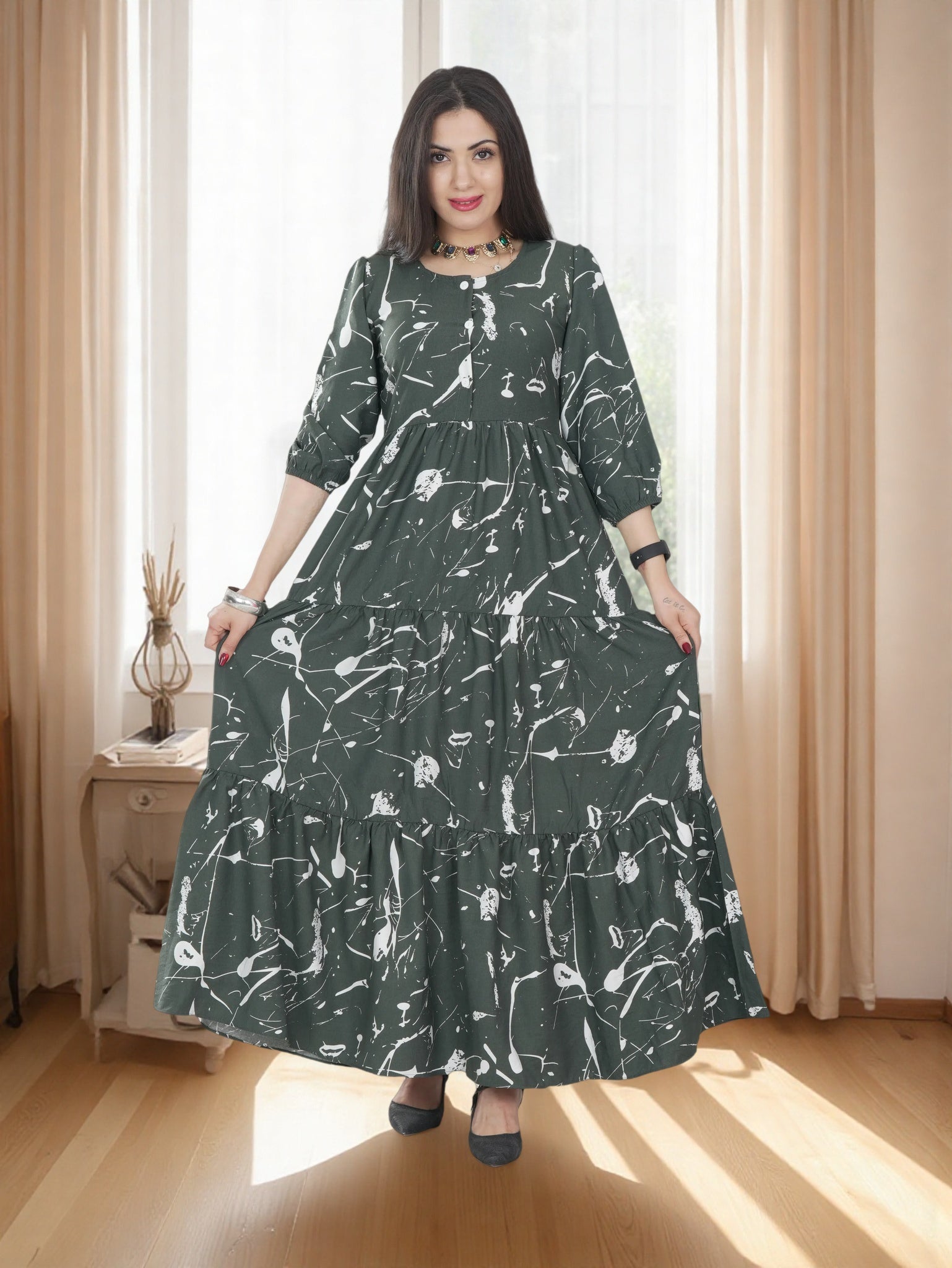 Women Pattern Long Royal Olive Green Dress