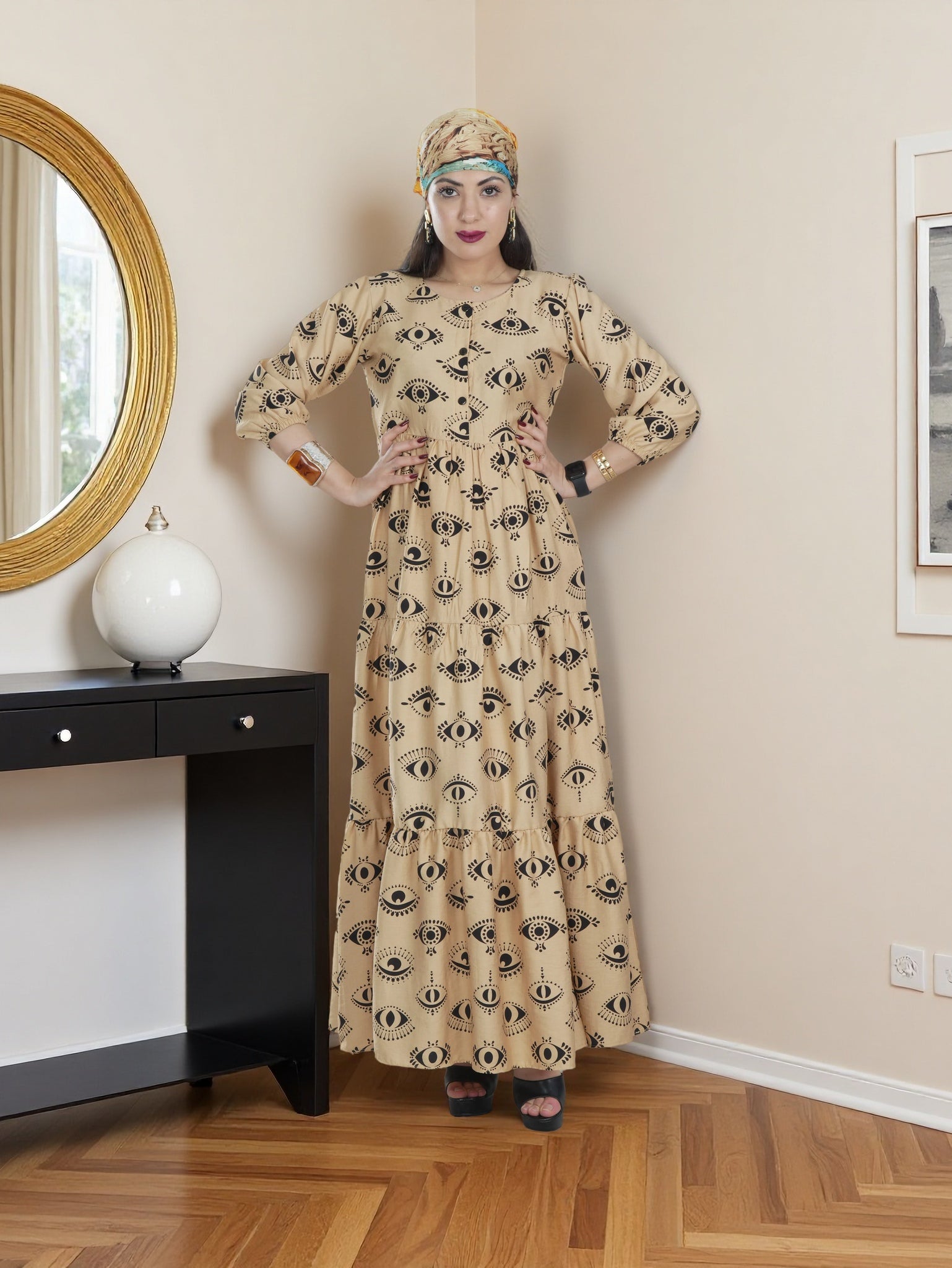 Elegant  Maxi Dress Light Sand Tone with Black Printed Eye Patterns | Modest & Trendy Women’s Fashion KSA