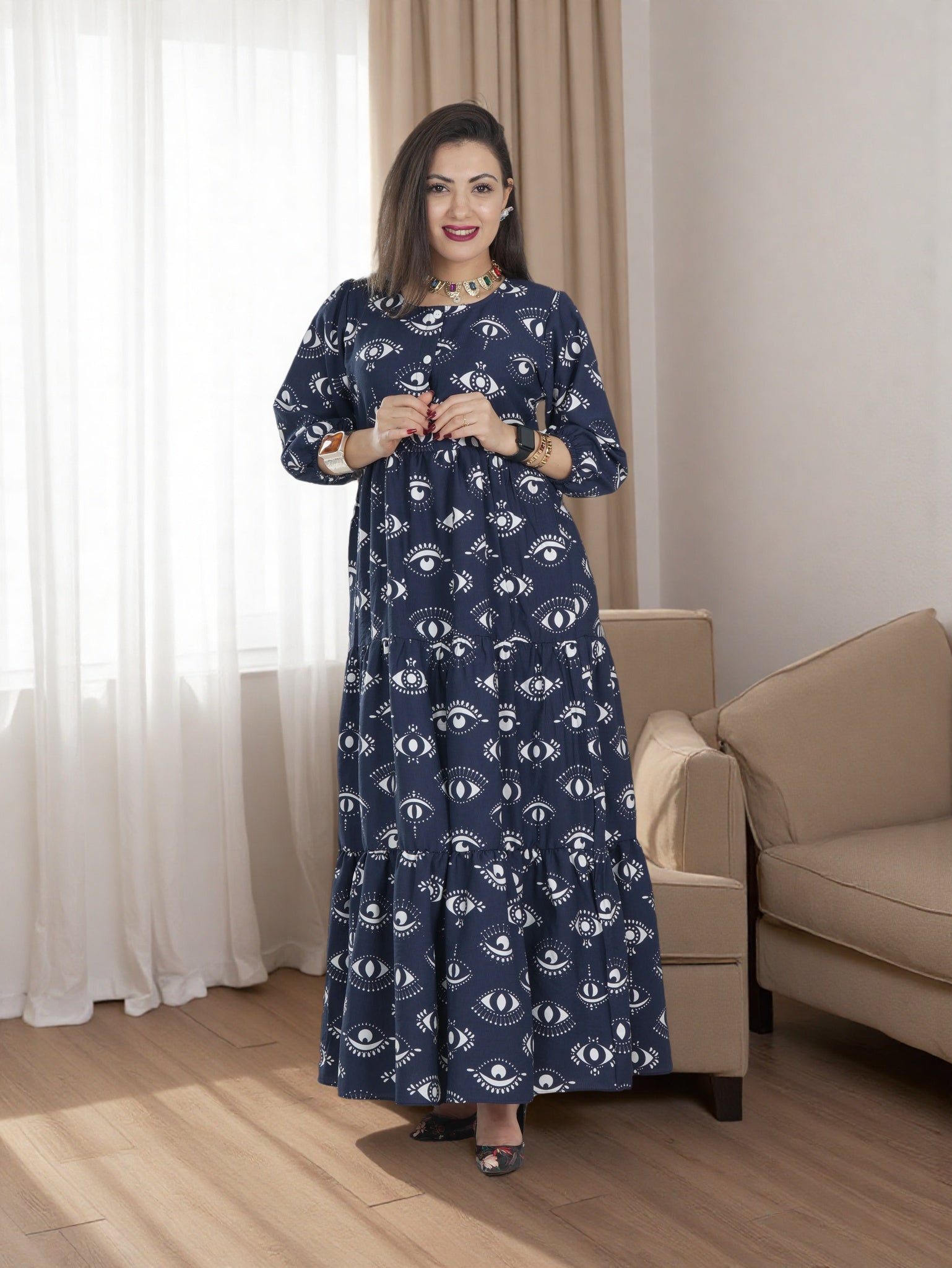 Elegant  Maxi Dress Navy with White Printed Eye Patterns | Modest & Trendy Women’s Fashion KSA (Copy)