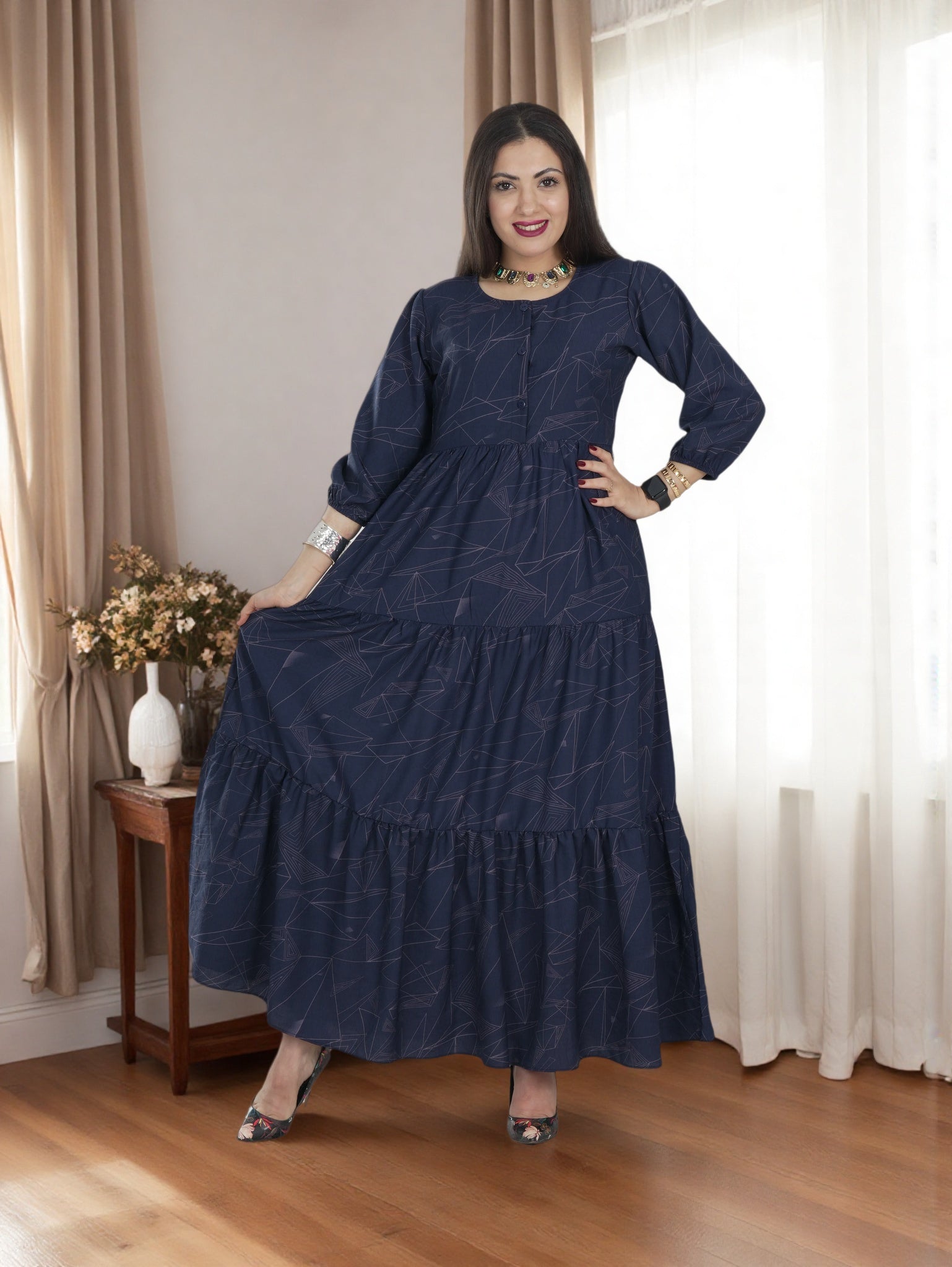 Elegant Navy Blue Maxi Dress for Women – Modest Long Sleeve Abaya Style | Saudi Fashion