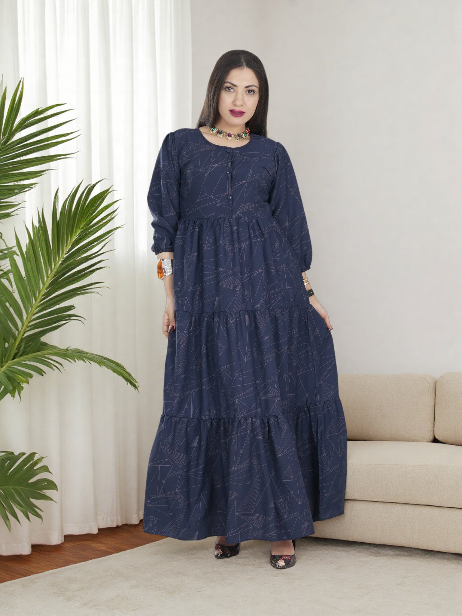 Elegant Navy Blue Maxi Dress for Women – Modest Long Sleeve Abaya Style | Saudi Fashion