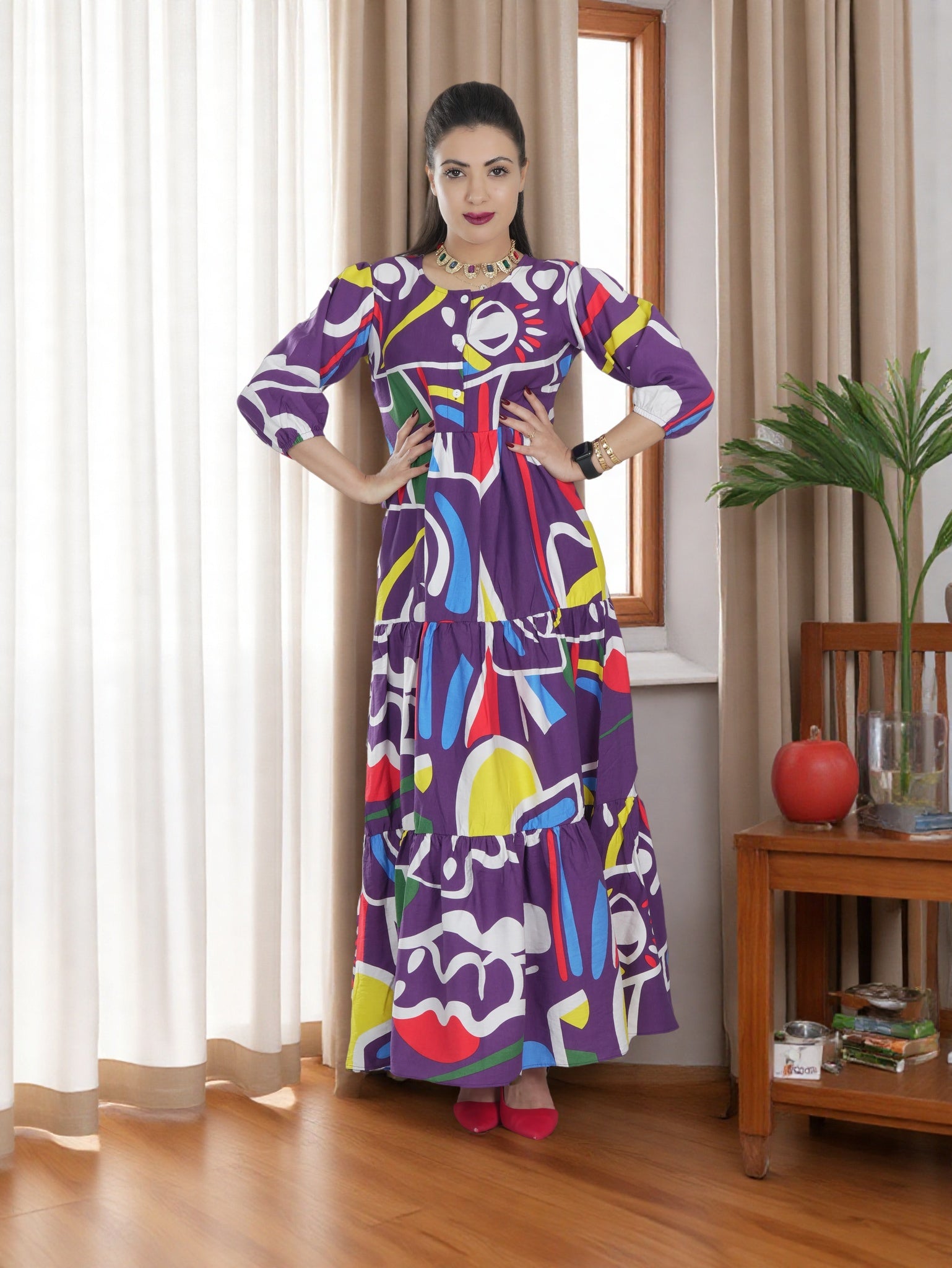 Women’s Colorful Printed Maxi Dress – Elegant Long Sleeve Abaya Style for Saudi Fashion