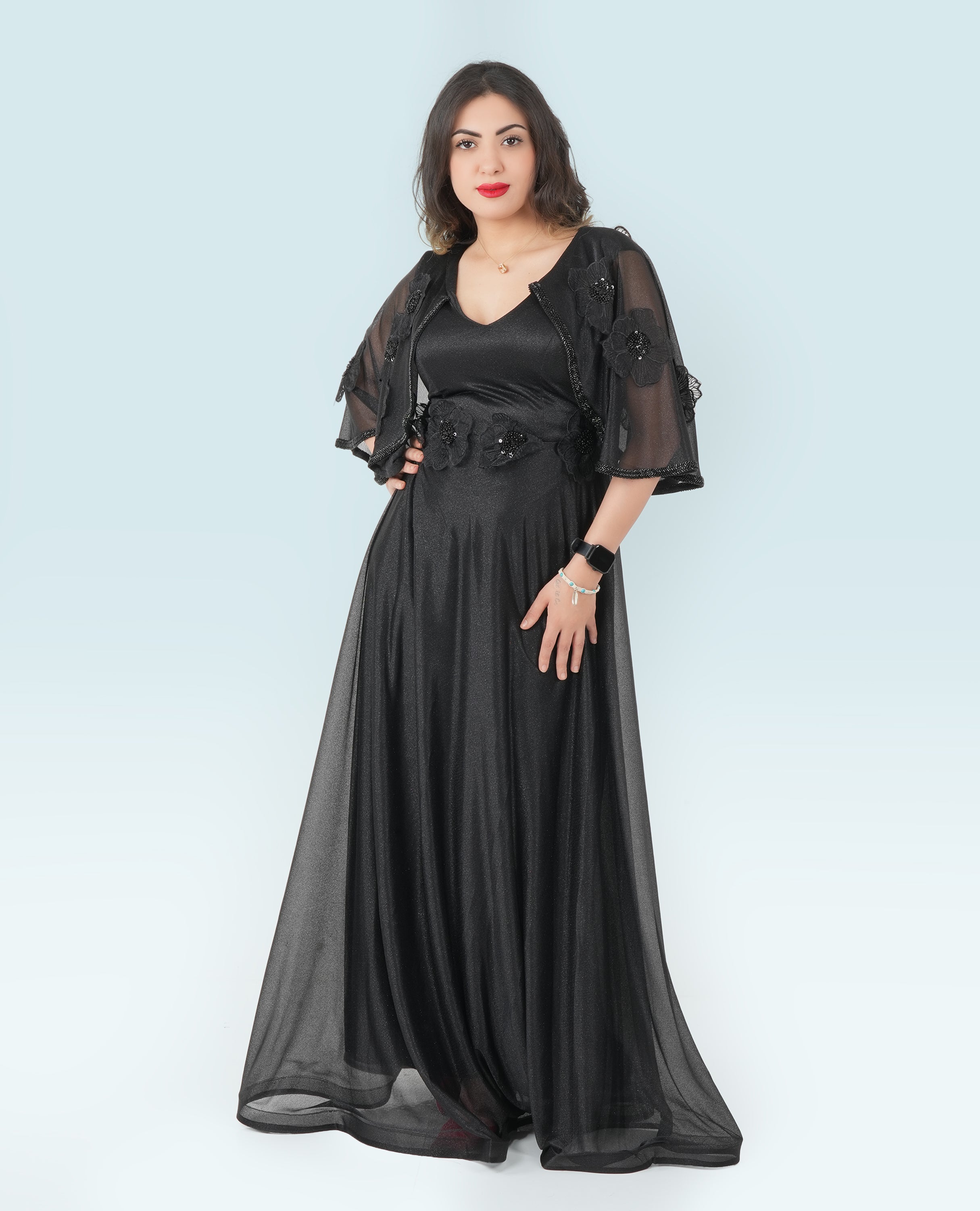 Elegant Black Evening Gown – Flowing Maxi Dress with Sheer Floral Shrug