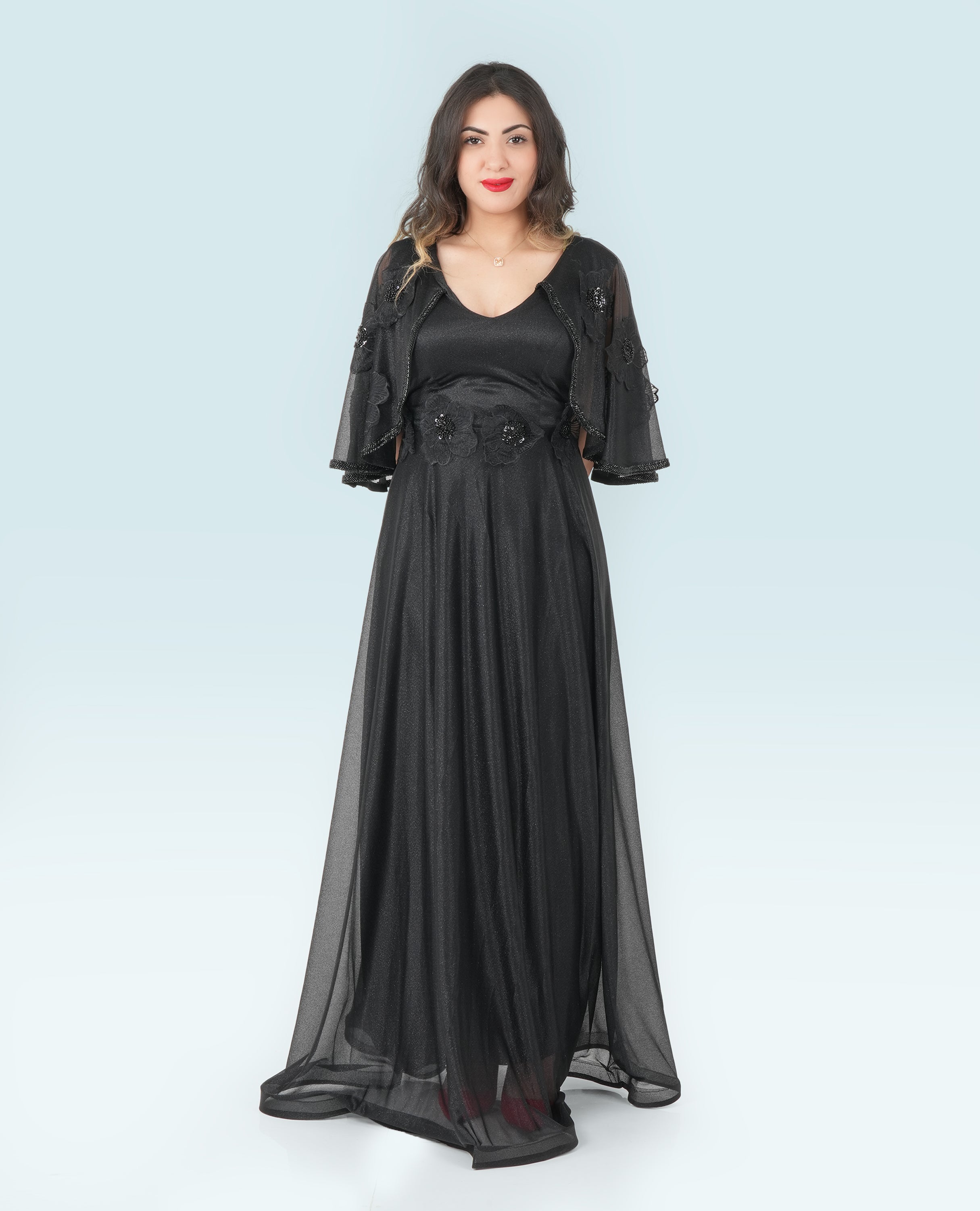 Elegant Black Evening Gown – Flowing Maxi Dress with Sheer Floral Shrug