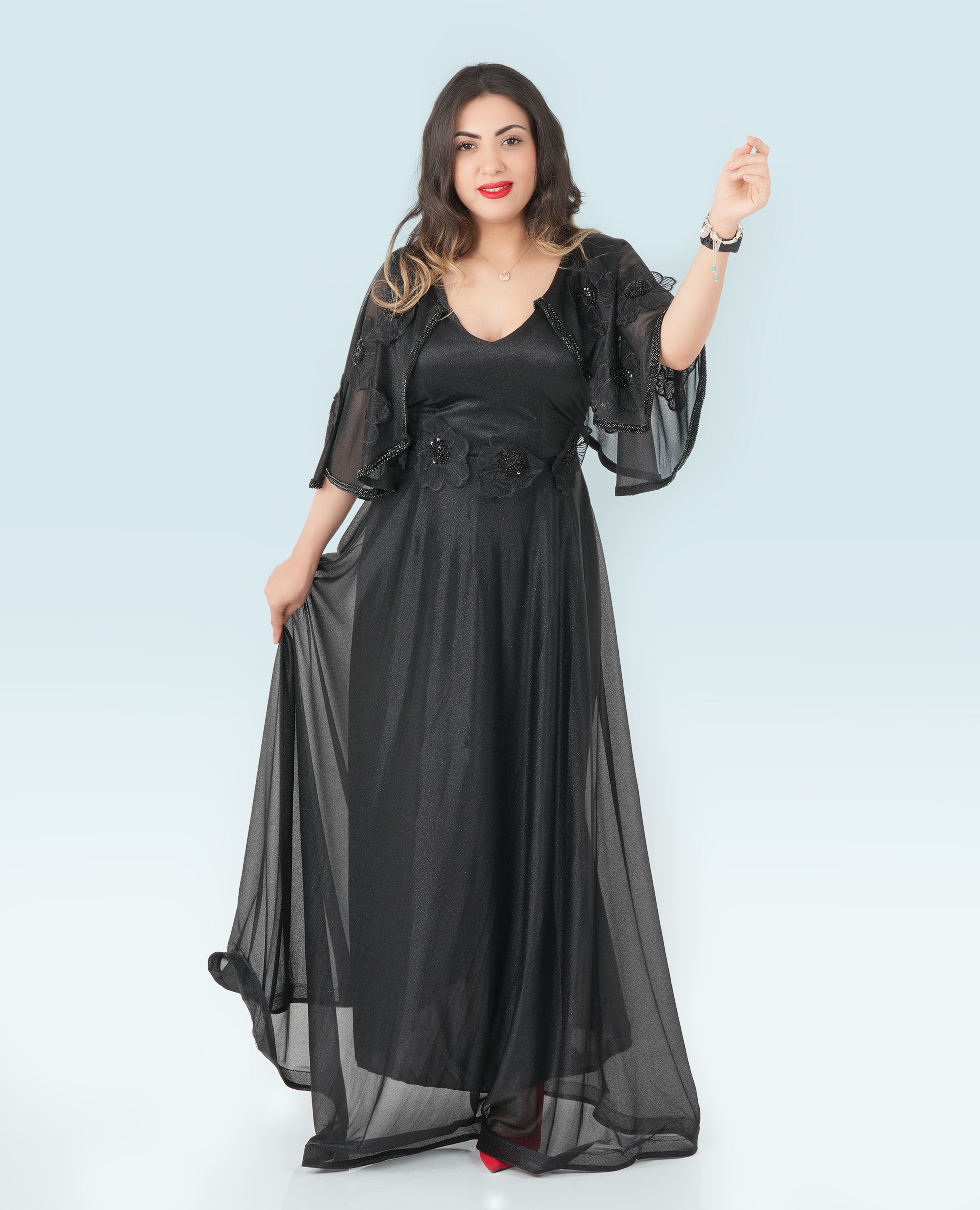 Elegant Black Evening Gown – Flowing Maxi Dress with Sheer Floral Shrug