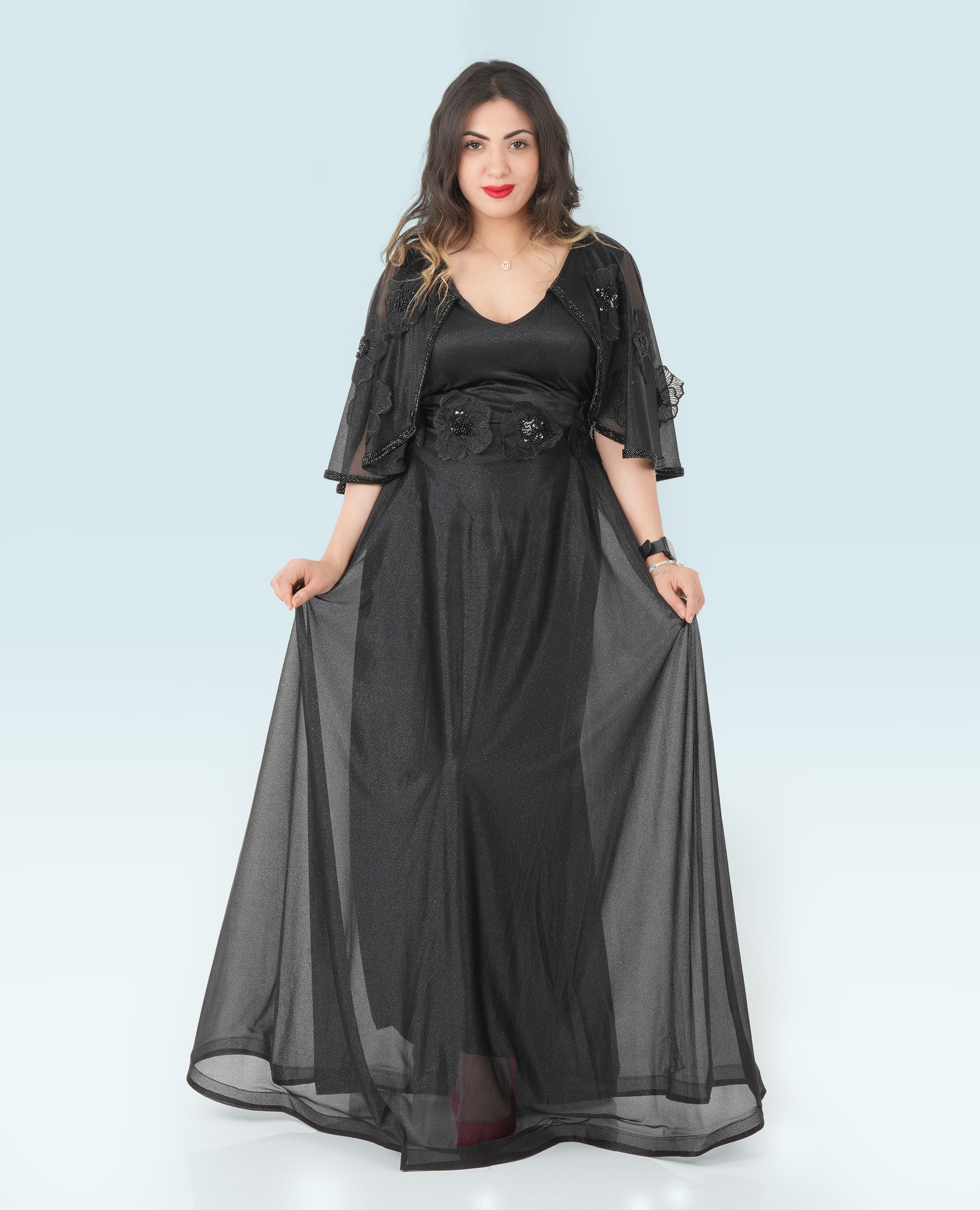 Elegant Black Evening Gown – Flowing Maxi Dress with Sheer Floral Shrug