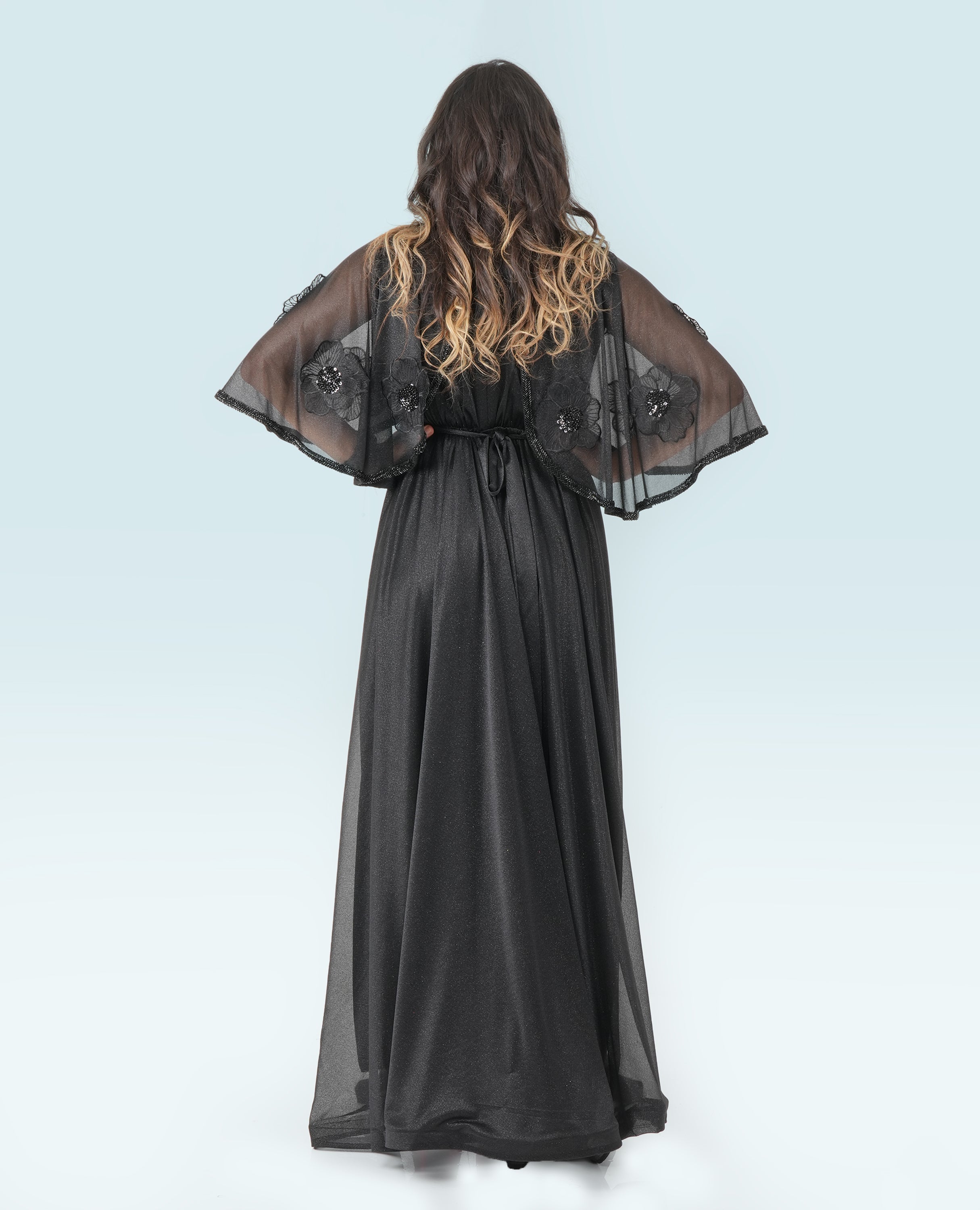 Elegant Black Evening Gown – Flowing Maxi Dress with Sheer Floral Shrug