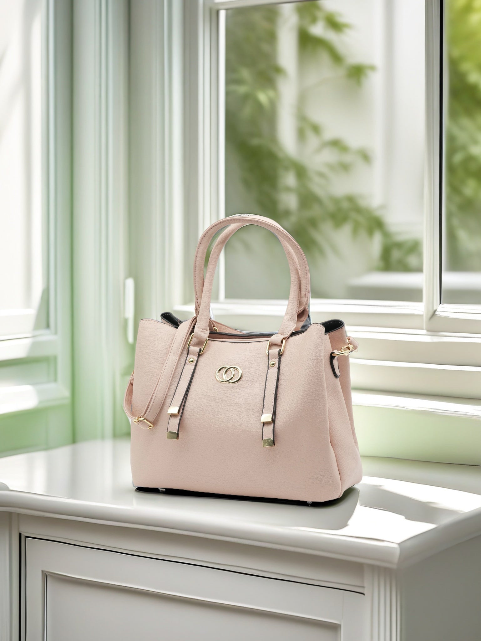 Elegant White Artificial Leather Tote Bag – Women’s Structured Handbag with Gold Accents & Top Handles