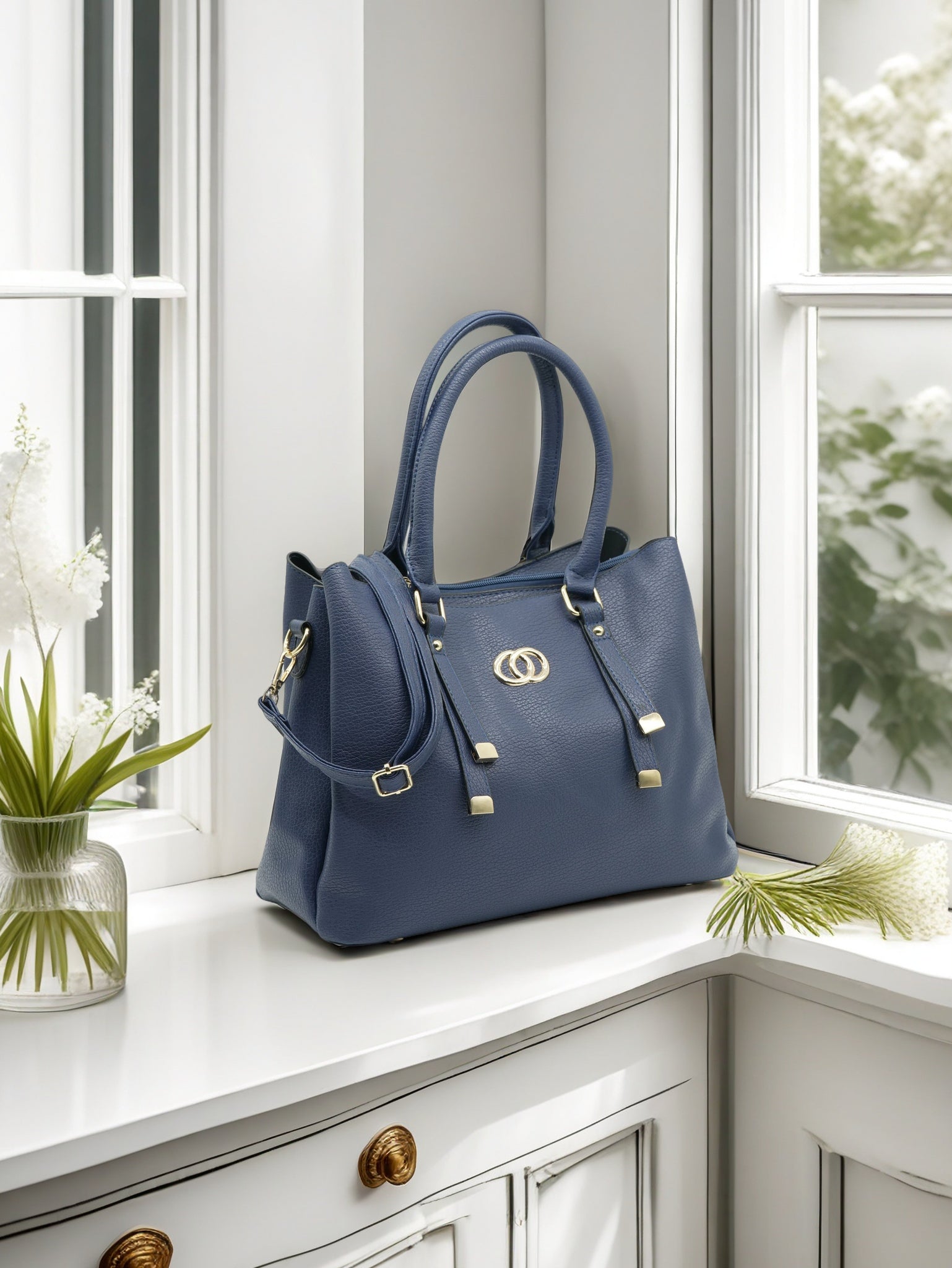 Elegant White Artificial Leather Tote Bag – Women’s Structured Handbag with Gold Accents & Top Handles