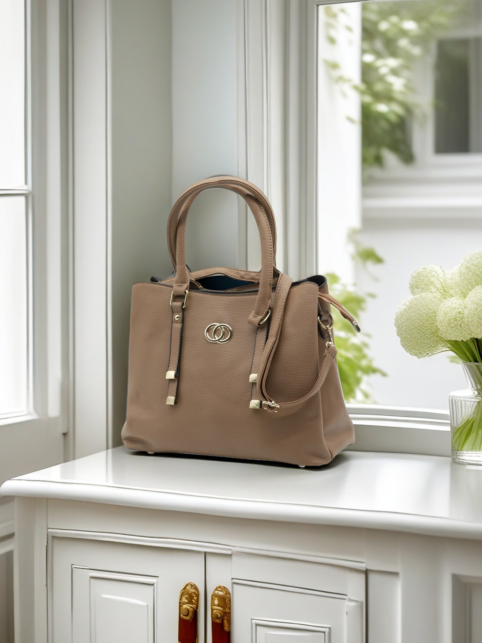 Elegant White Artificial Leather Tote Bag – Women’s Structured Handbag with Gold Accents & Top Handles