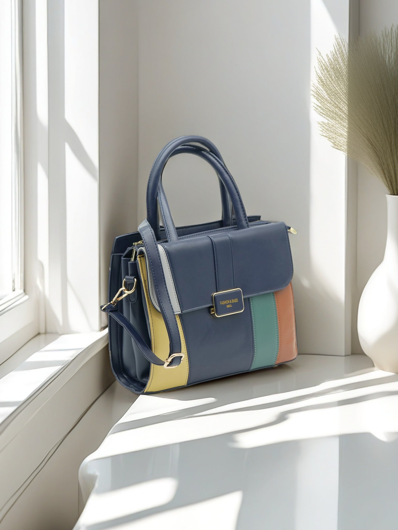 Pastel Color Block PU Leather Handbag – Stylish Women’s Tote with Top Handle & Crossbody Strap