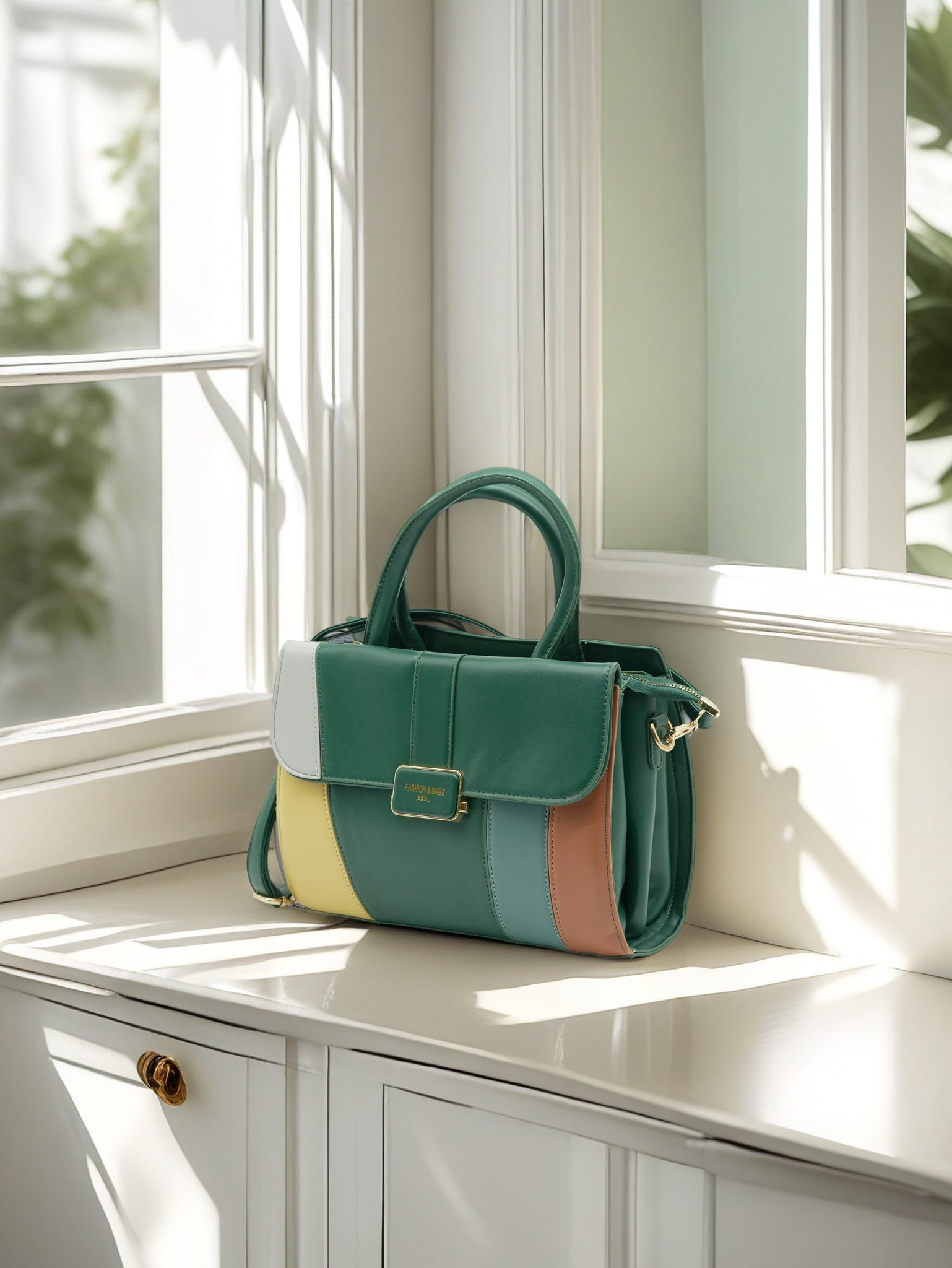 Pastel Color Block PU Leather Handbag – Stylish Women’s Tote with Top Handle & Crossbody Strap