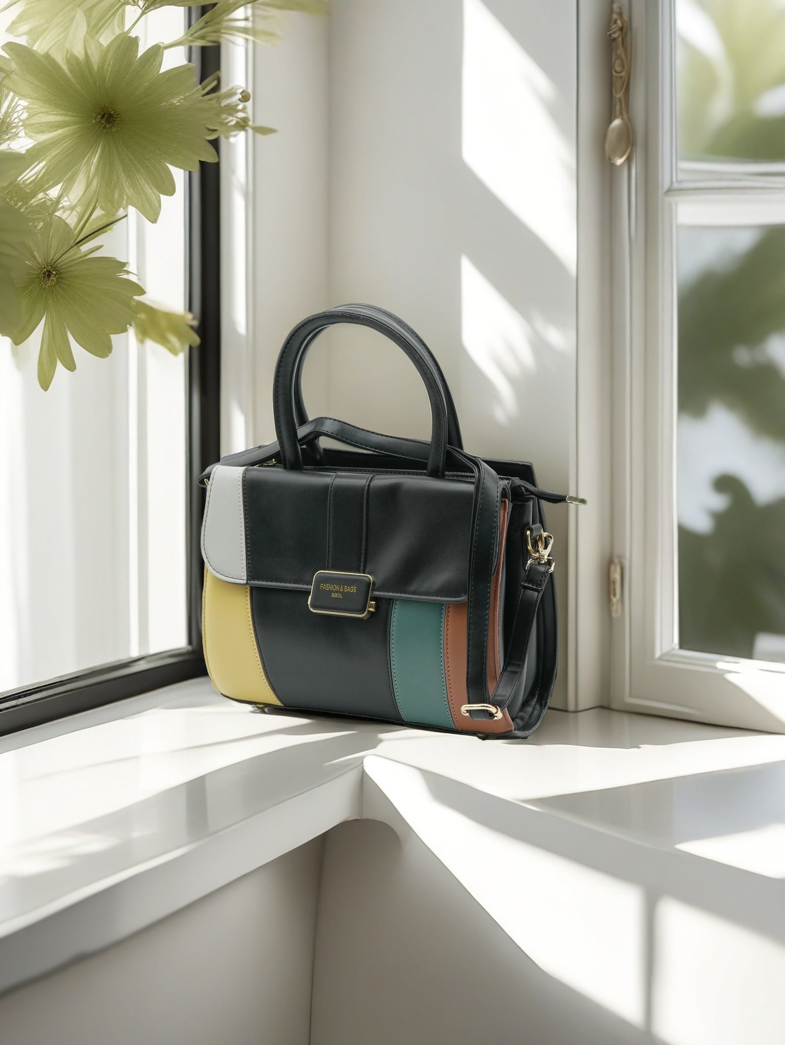 Pastel Color Block PU Leather Handbag – Stylish Women’s Tote with Top Handle & Crossbody Strap