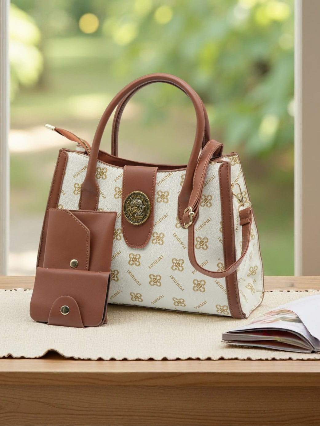 Luxury Brown White Monogram Tote Handbag with Matching Wallet