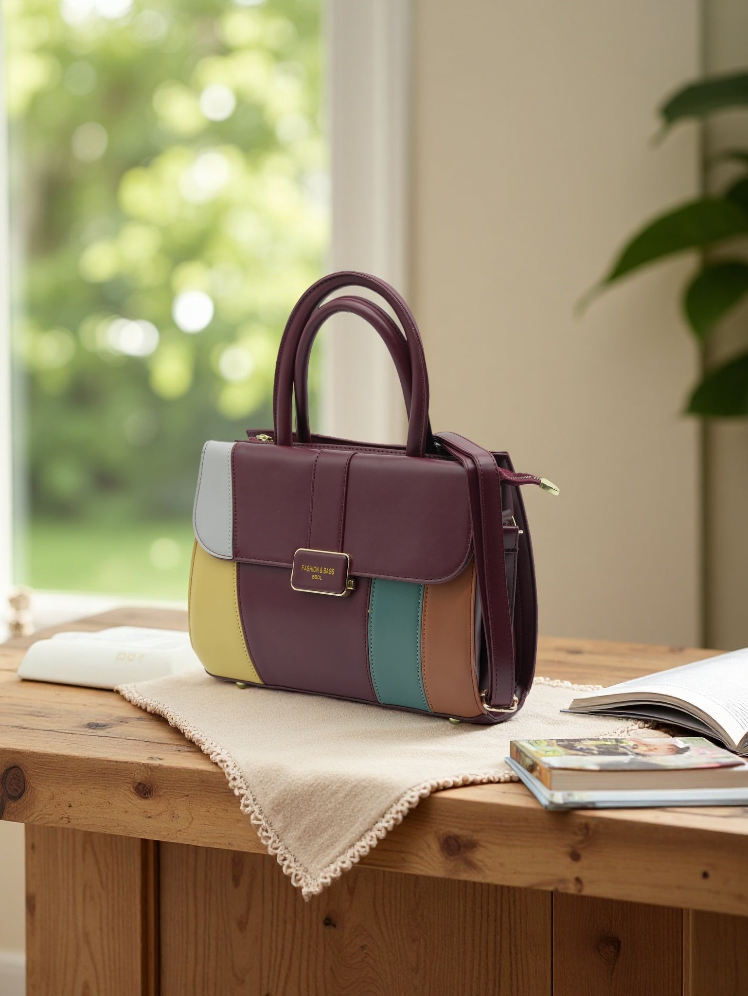 Pastel Color Block PU Leather Handbag – Stylish Women’s Tote with Top Handle & Crossbody Strap