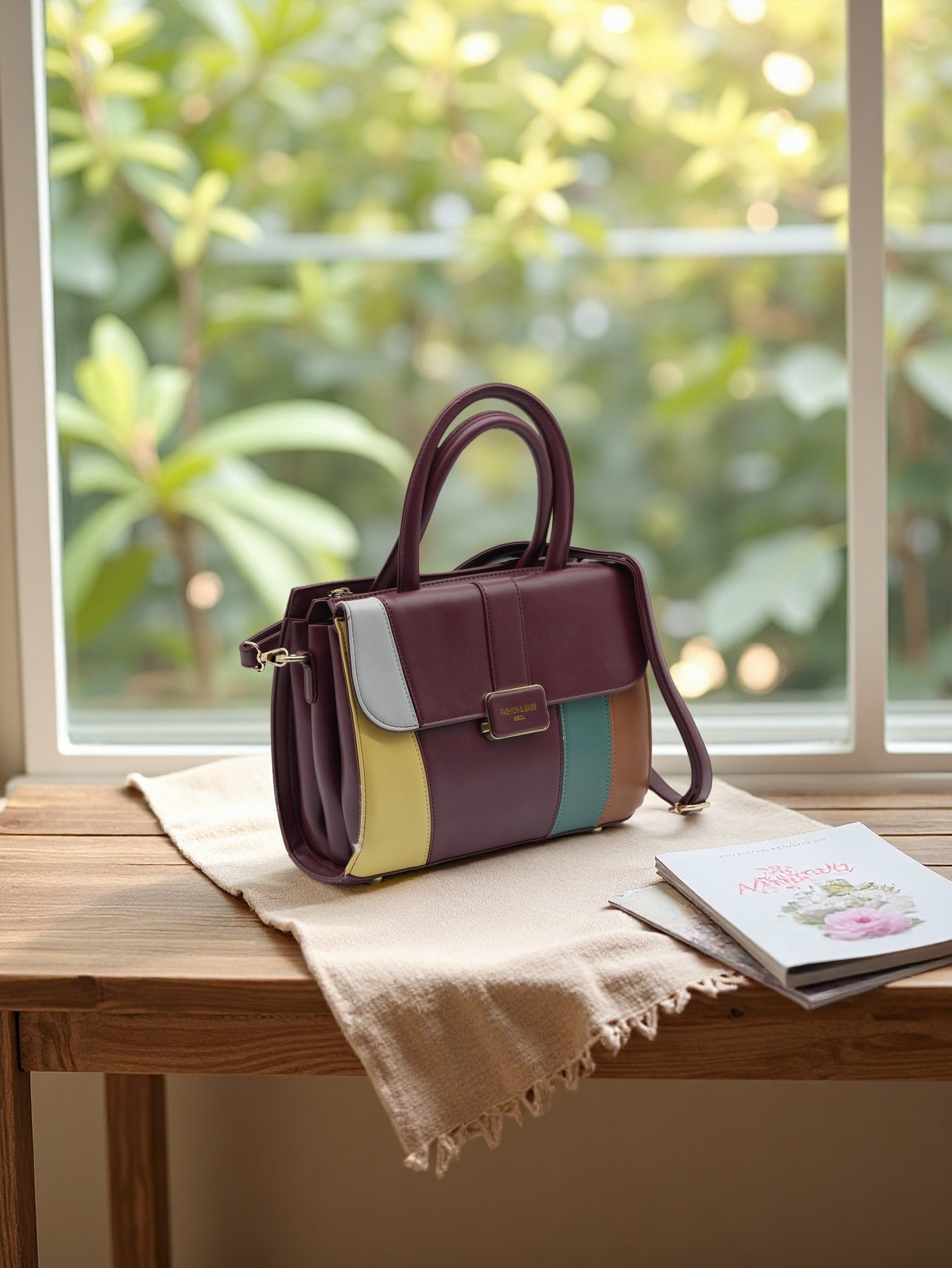 Pastel Color Block PU Leather Handbag – Stylish Women’s Tote with Top Handle & Crossbody Strap