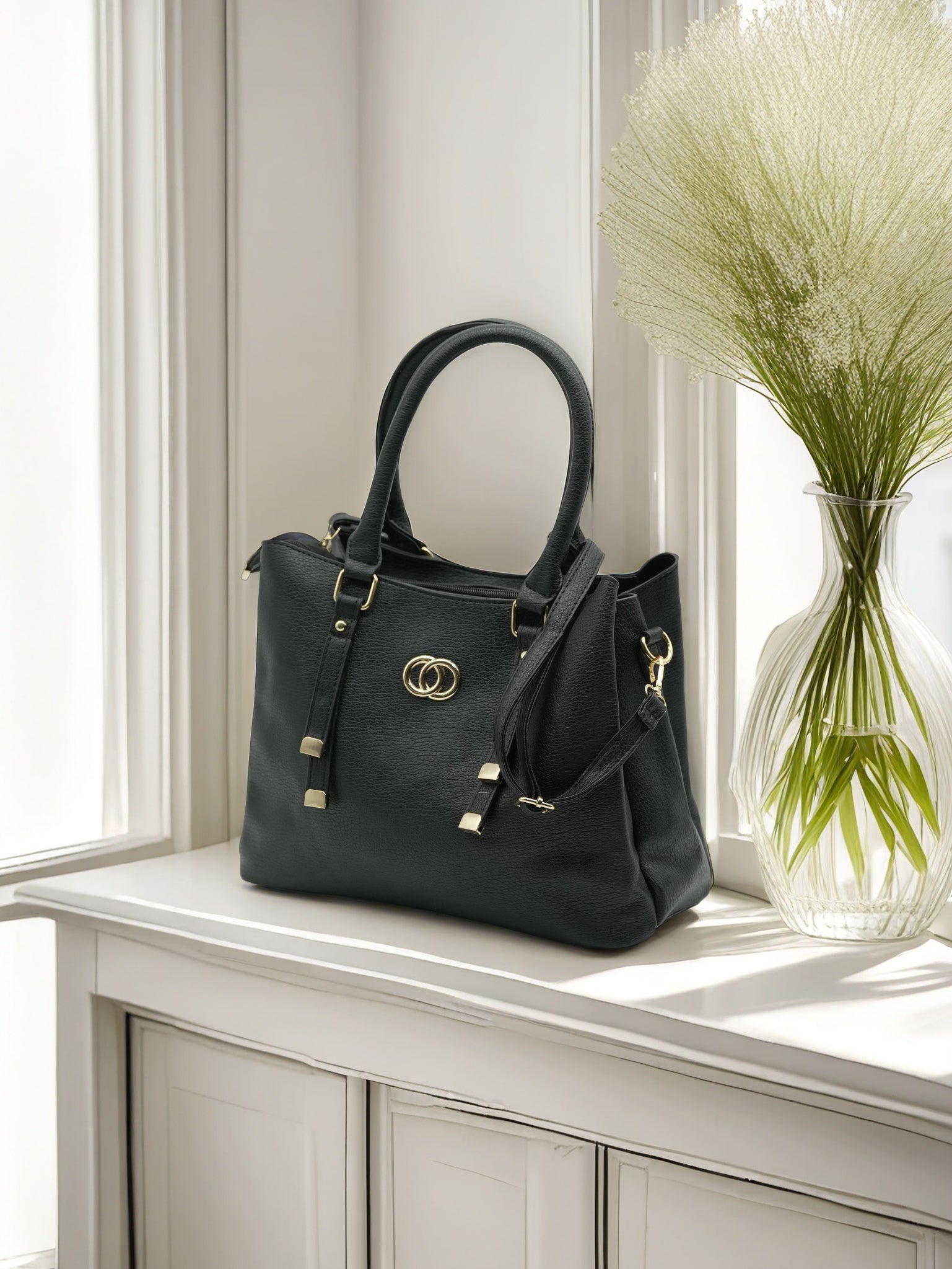 Elegant White Artificial Leather Tote Bag – Women’s Structured Handbag with Gold Accents & Top Handles