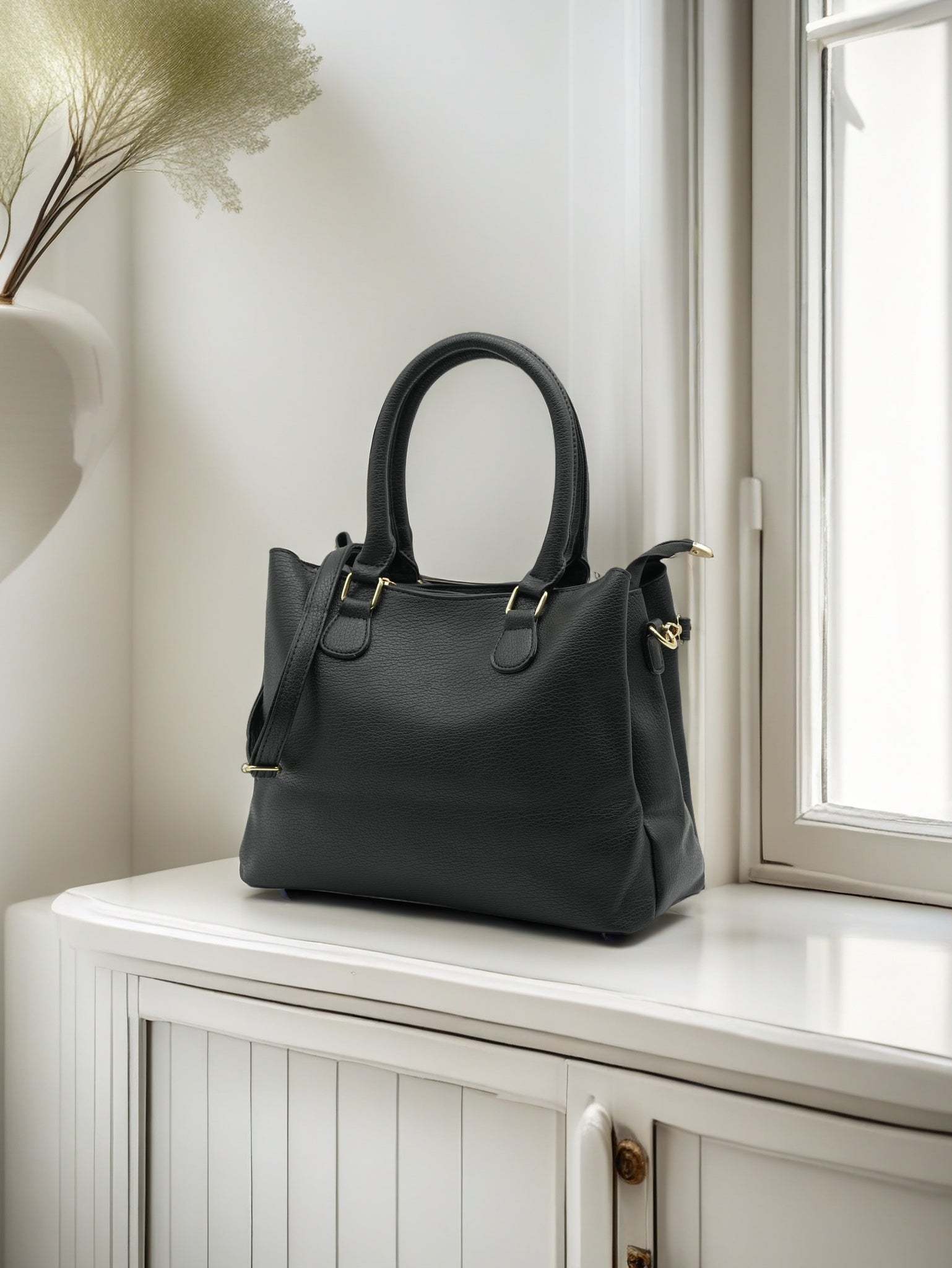 Elegant White Artificial Leather Tote Bag – Women’s Structured Handbag with Gold Accents & Top Handles