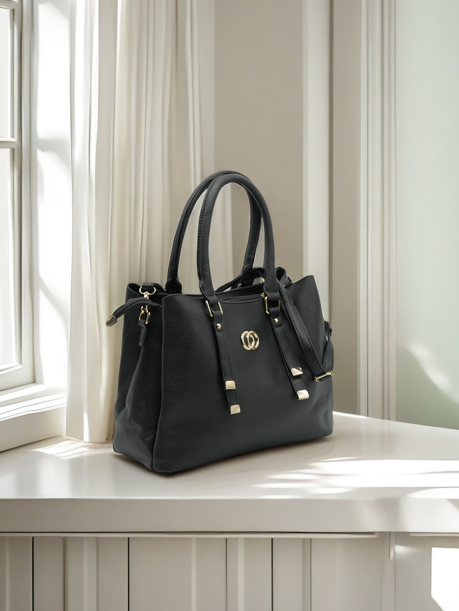 Elegant White Artificial Leather Tote Bag – Women’s Structured Handbag with Gold Accents & Top Handles
