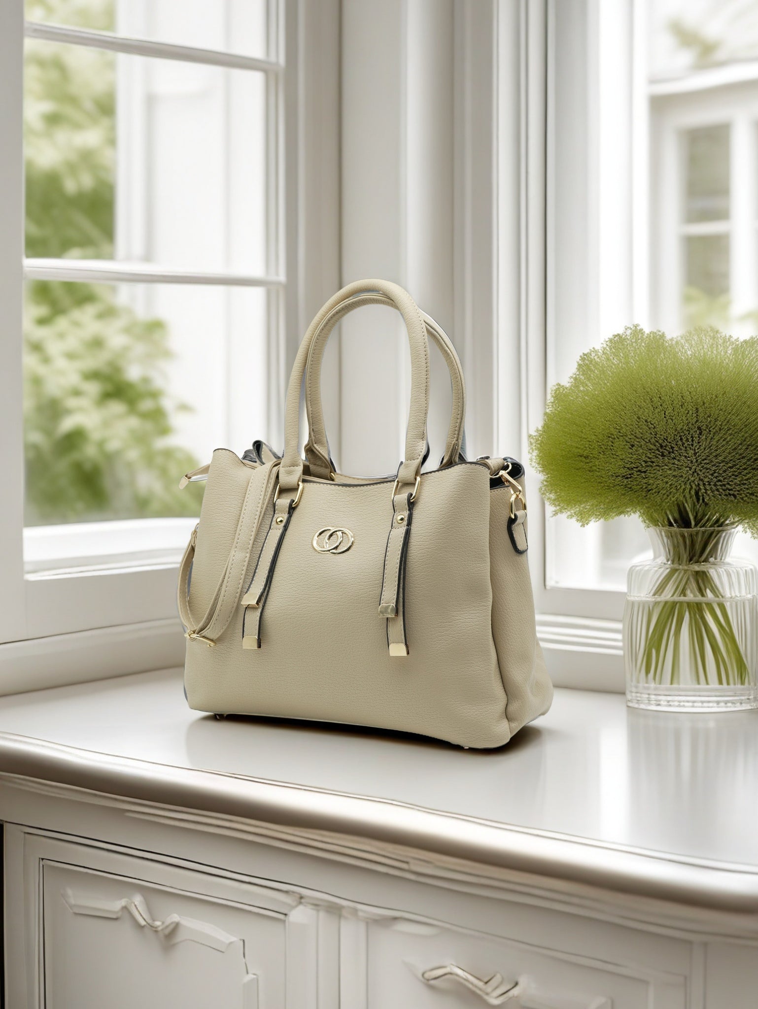 Elegant White Artificial Leather Tote Bag – Women’s Structured Handbag with Gold Accents & Top Handles