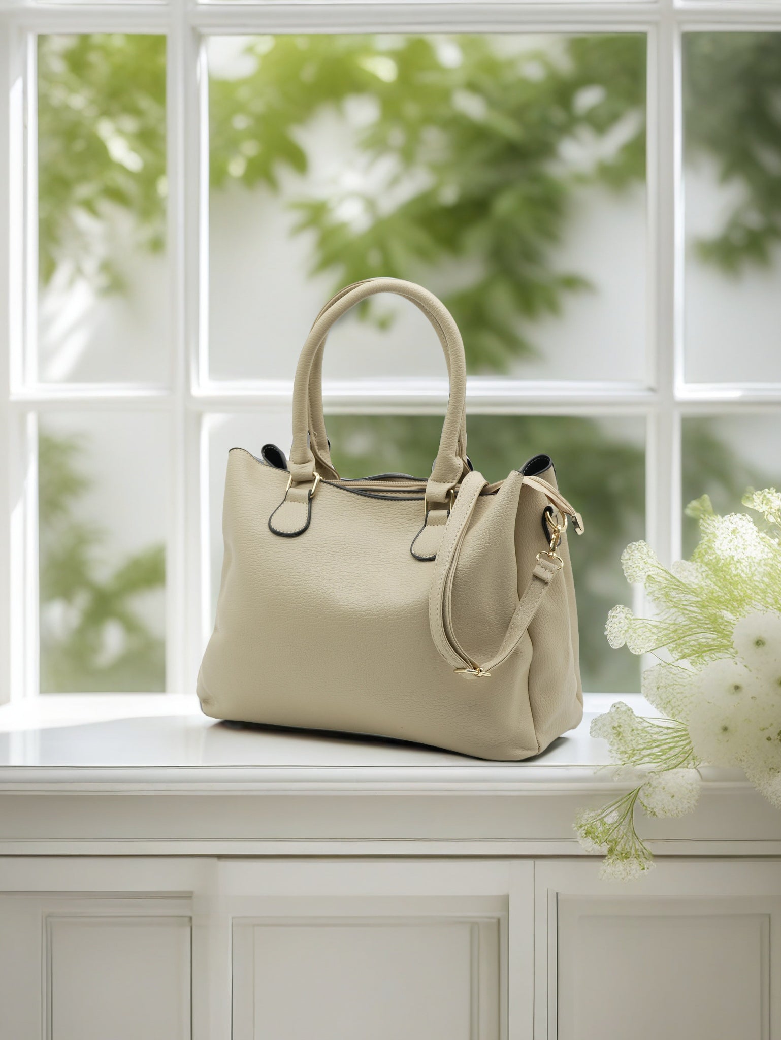 Elegant White Artificial Leather Tote Bag – Women’s Structured Handbag with Gold Accents & Top Handles