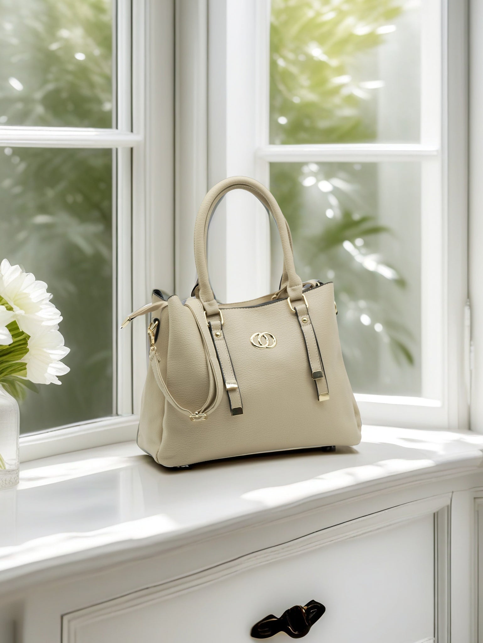 Elegant White Artificial Leather Tote Bag – Women’s Structured Handbag with Gold Accents & Top Handles