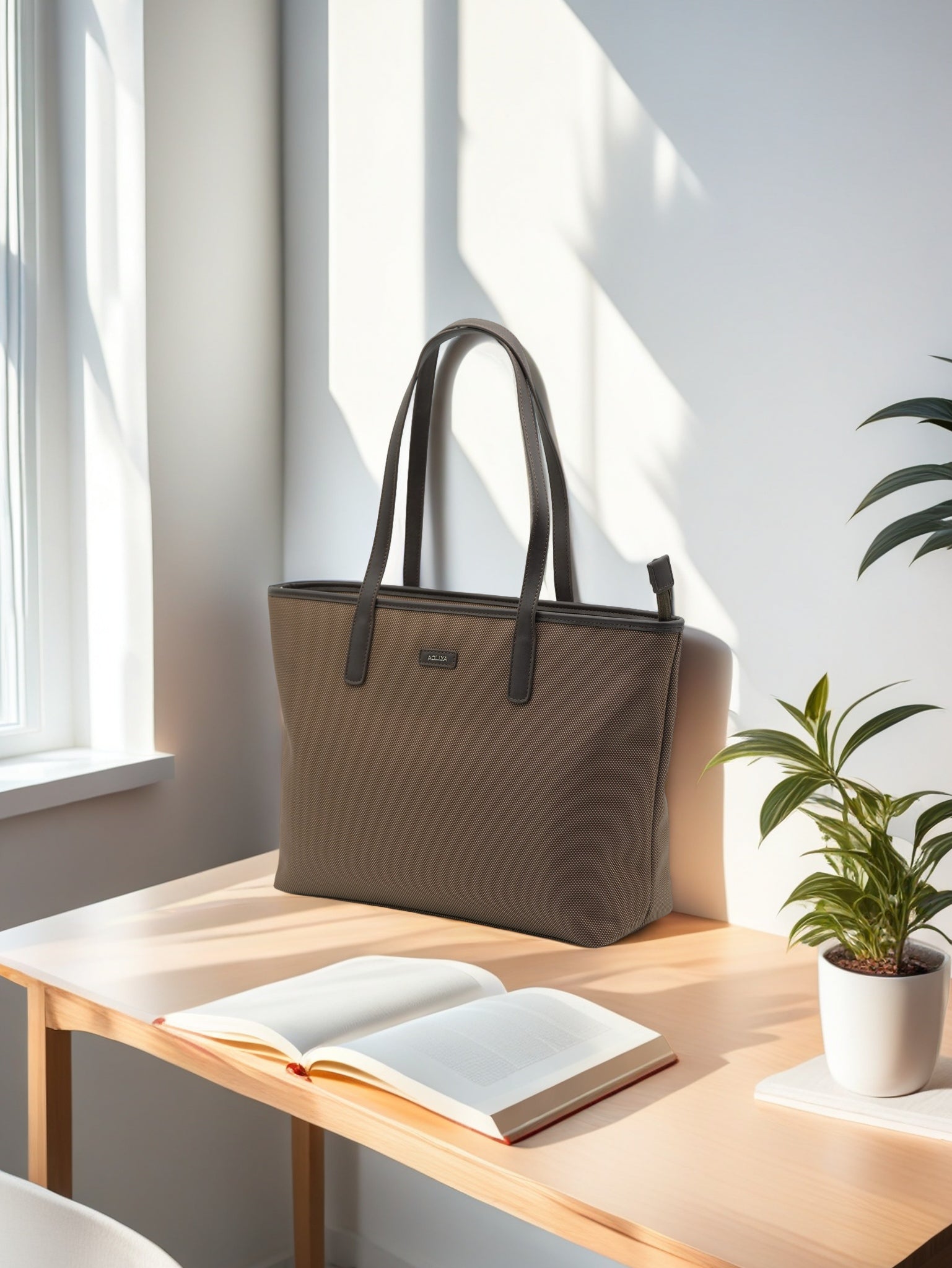 AOLLYA Canvas Tote Bag with Leather Handles – Large Women’s Shoulder Bag for Work & Travel