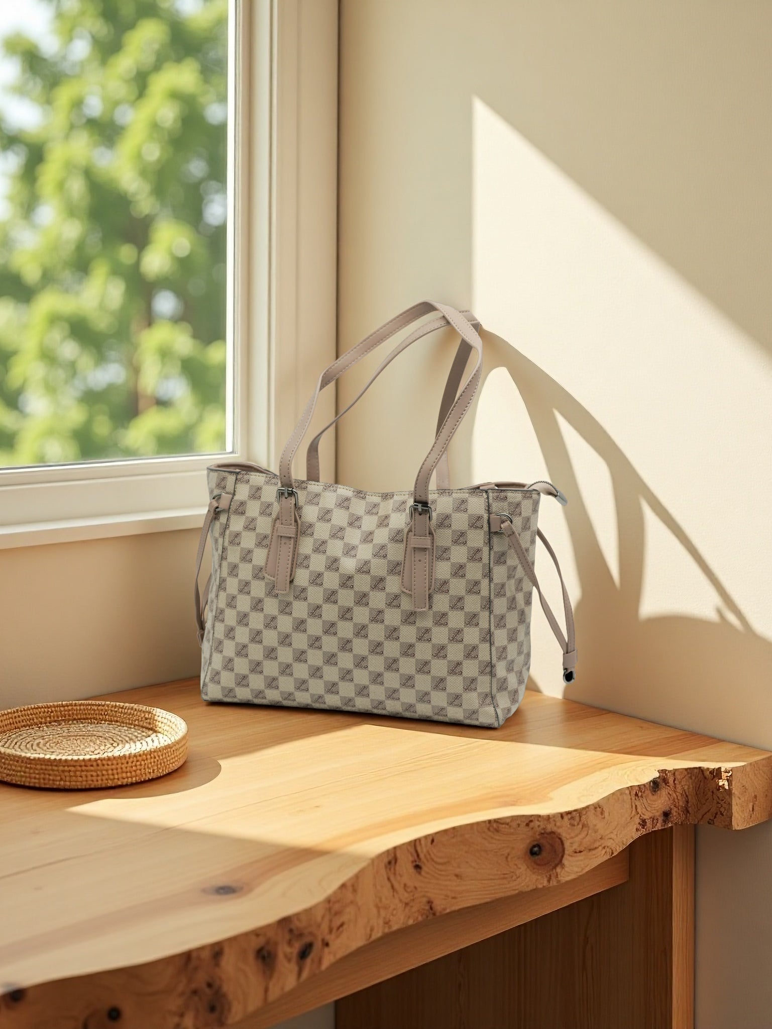 Brown Checkered PU Leather Tote Bag – Large Women’s Shoulder Bag with Zipper & Crossbody Strap