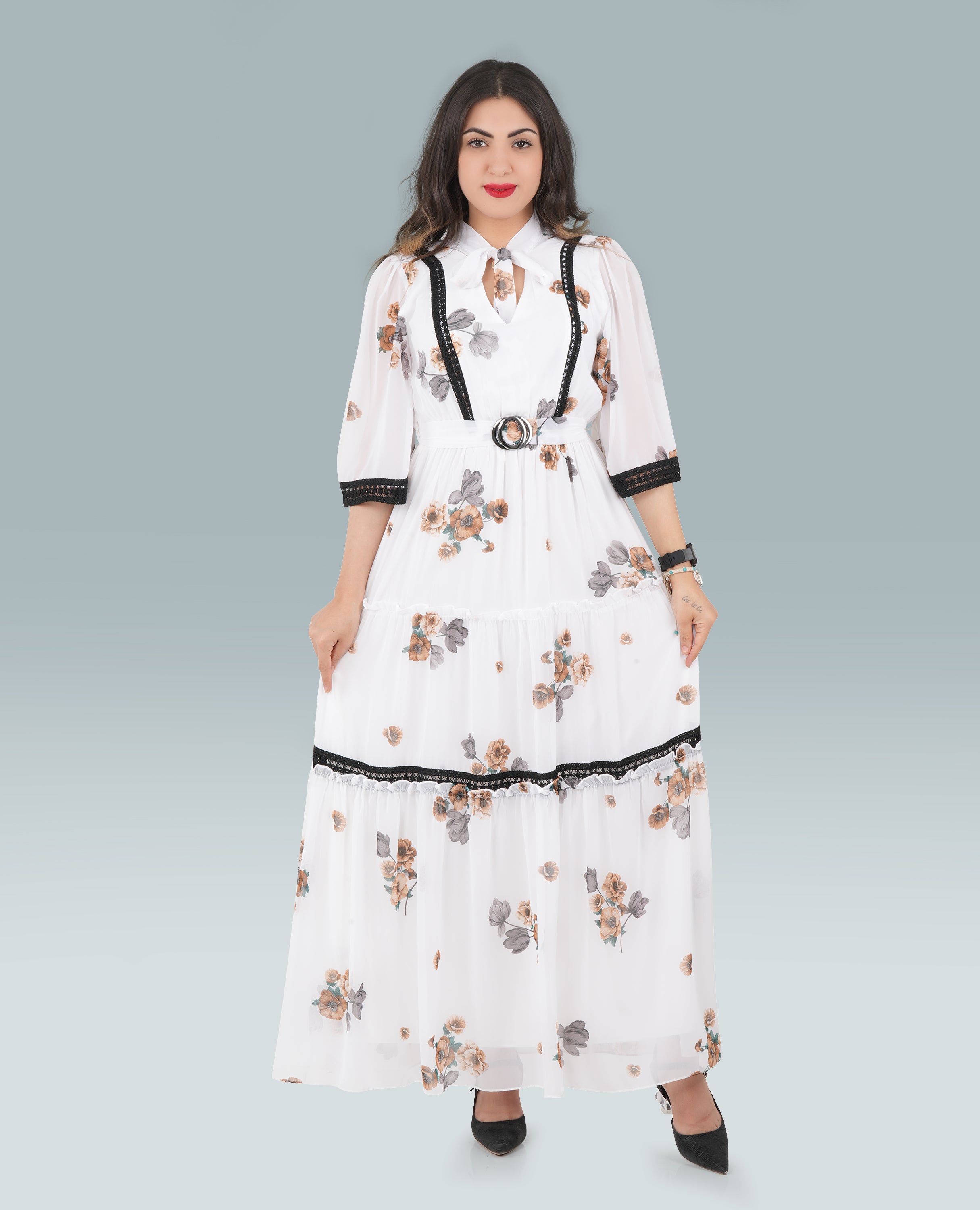 Floral Print Embroidered Maxi Tie Neck Dress - Elegant & Comfortable Summer Dress - FineLook