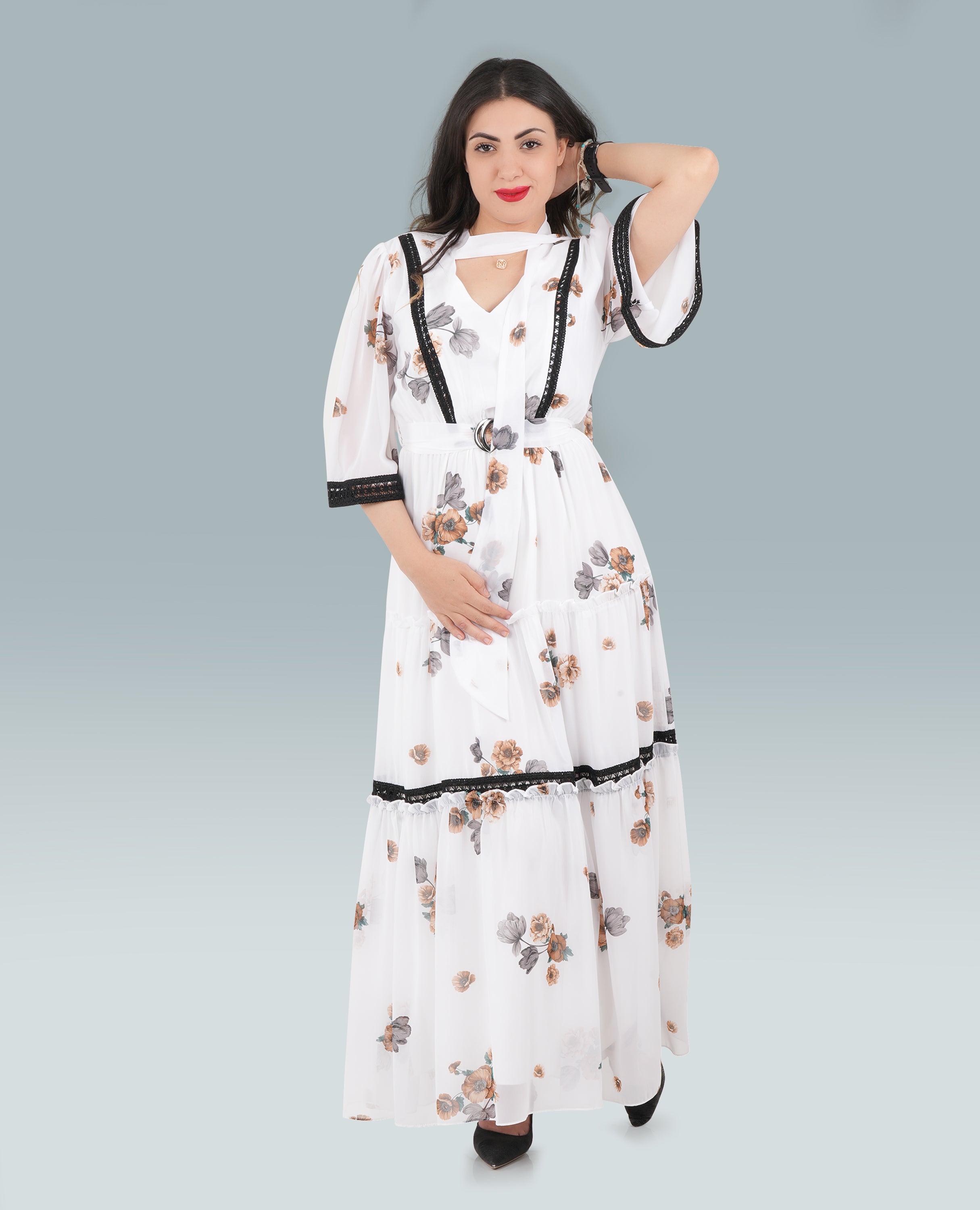 Floral Print Embroidered Maxi Tie Neck Dress - Elegant & Comfortable Summer Dress