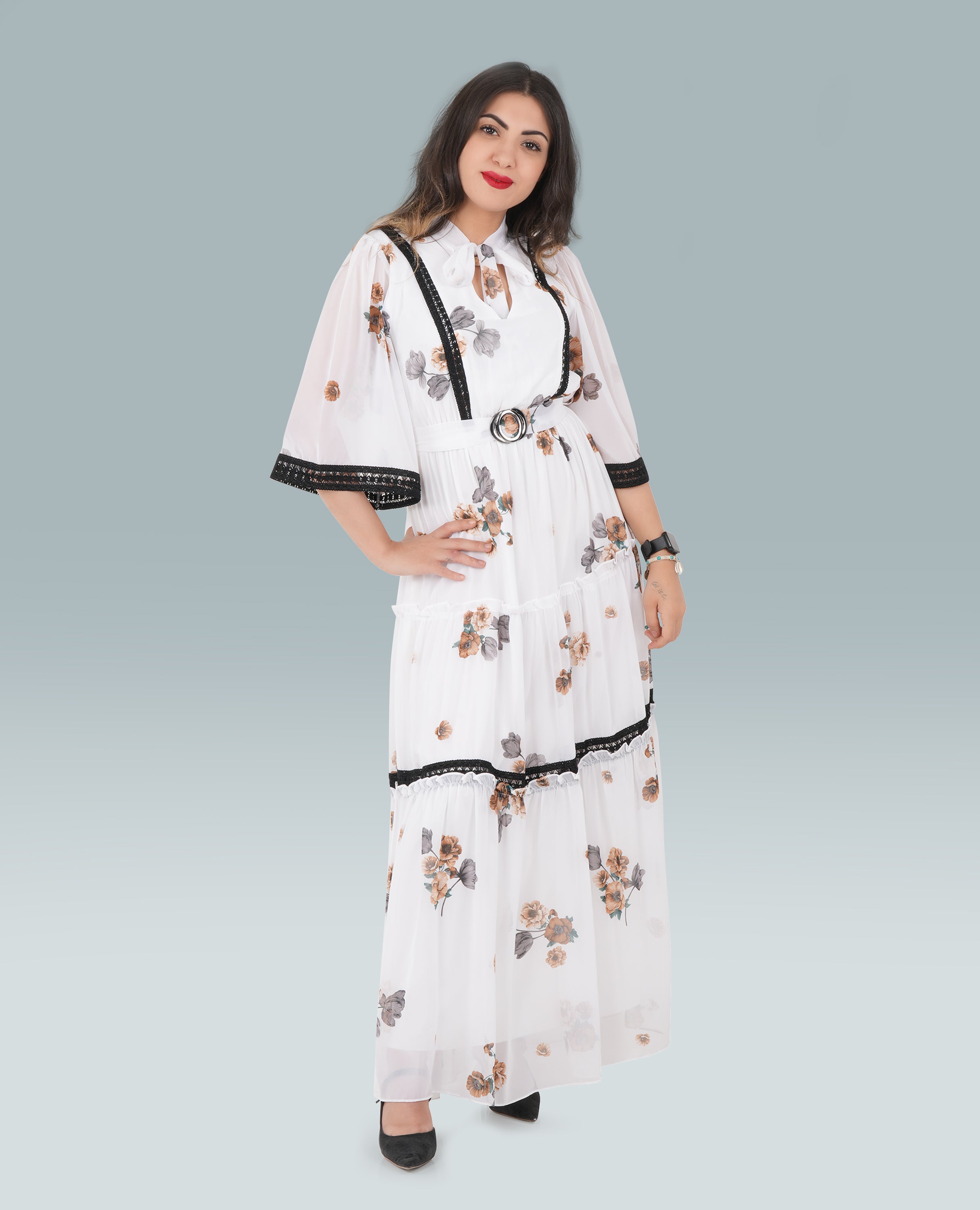 Floral Print Embroidered Maxi Tie Neck Dress - Elegant & Comfortable Summer Dress