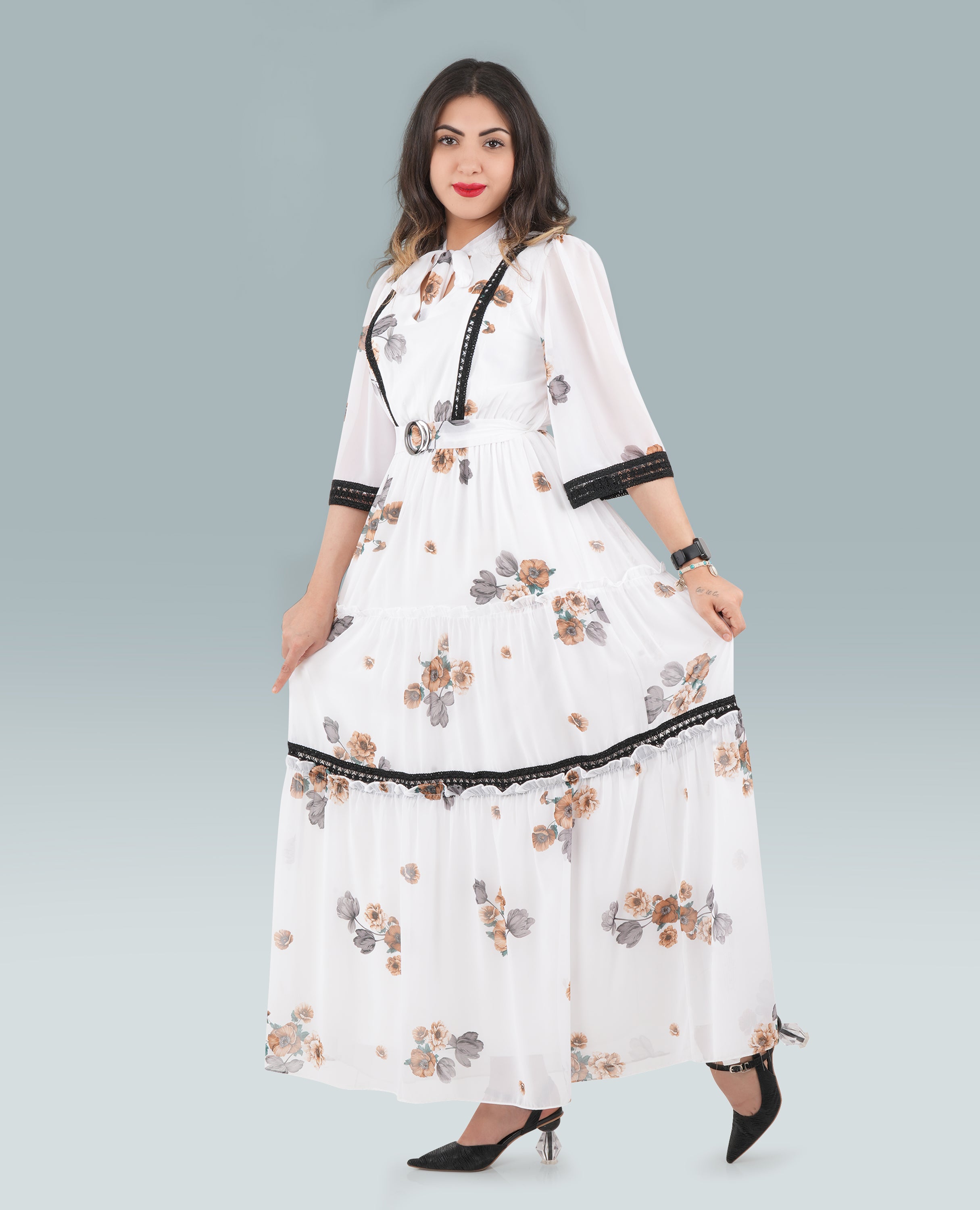 Floral Print Embroidered Maxi Tie Neck Dress - Elegant & Comfortable Summer Dress