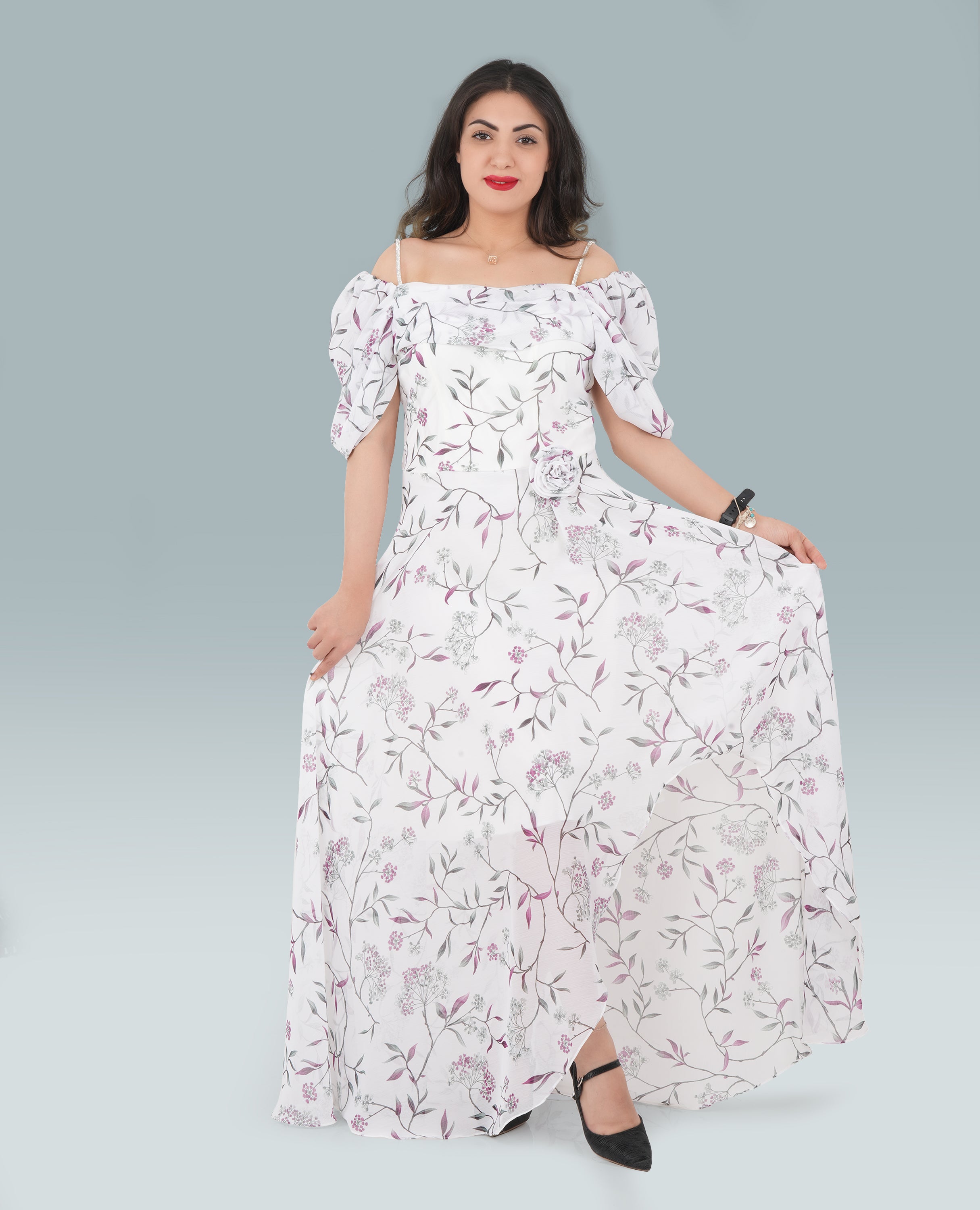 Elegant Off-Shoulder Shirred Neck A-Line Dress – Flowy & Feminine - FineLook