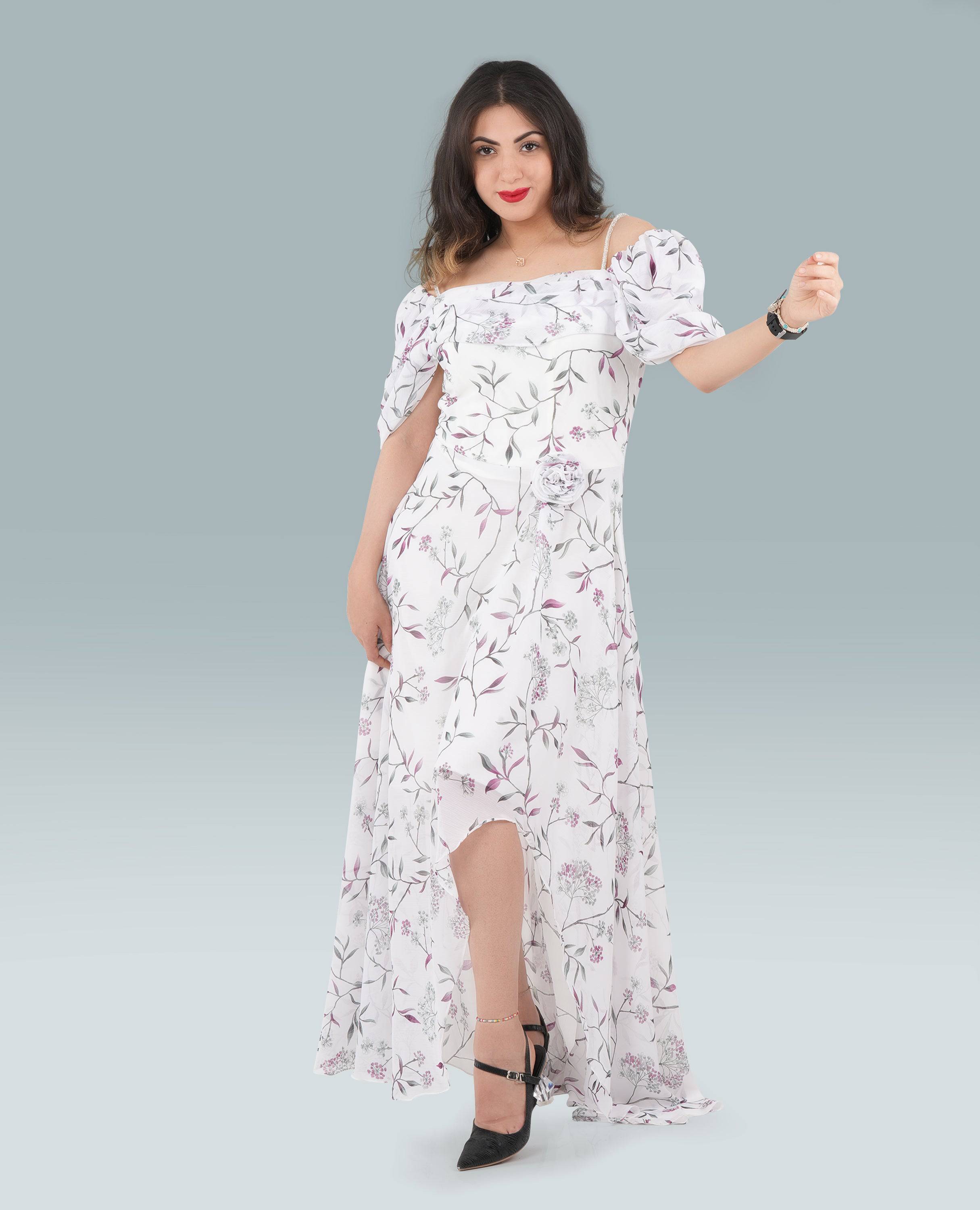 Elegant Off-Shoulder Shirred Neck A-Line Dress – Flowy & Feminine - FineLook