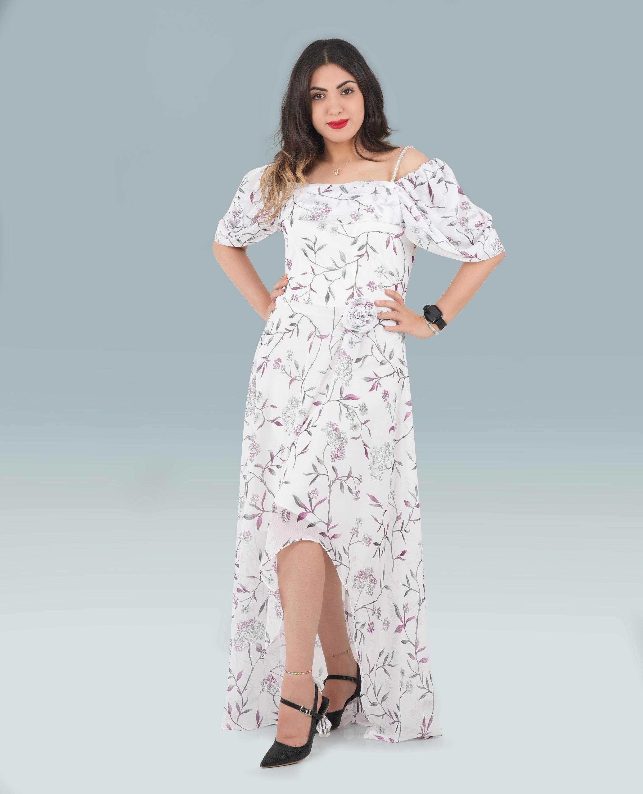 Elegant Off-Shoulder Shirred Neck A-Line Dress – Flowy & Feminine - FineLook