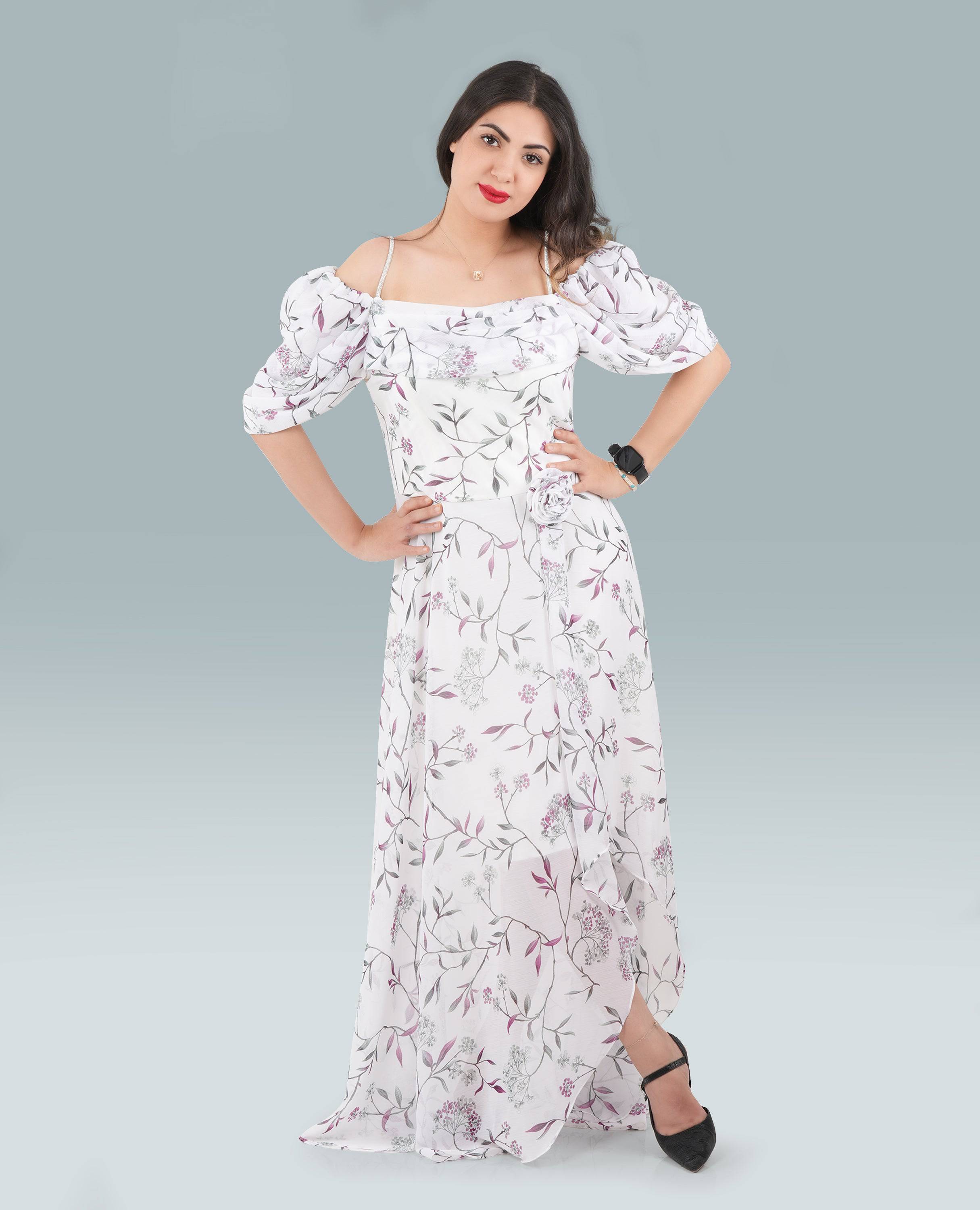 Elegant Off-Shoulder Shirred Neck A-Line Dress – Flowy & Feminine - FineLook