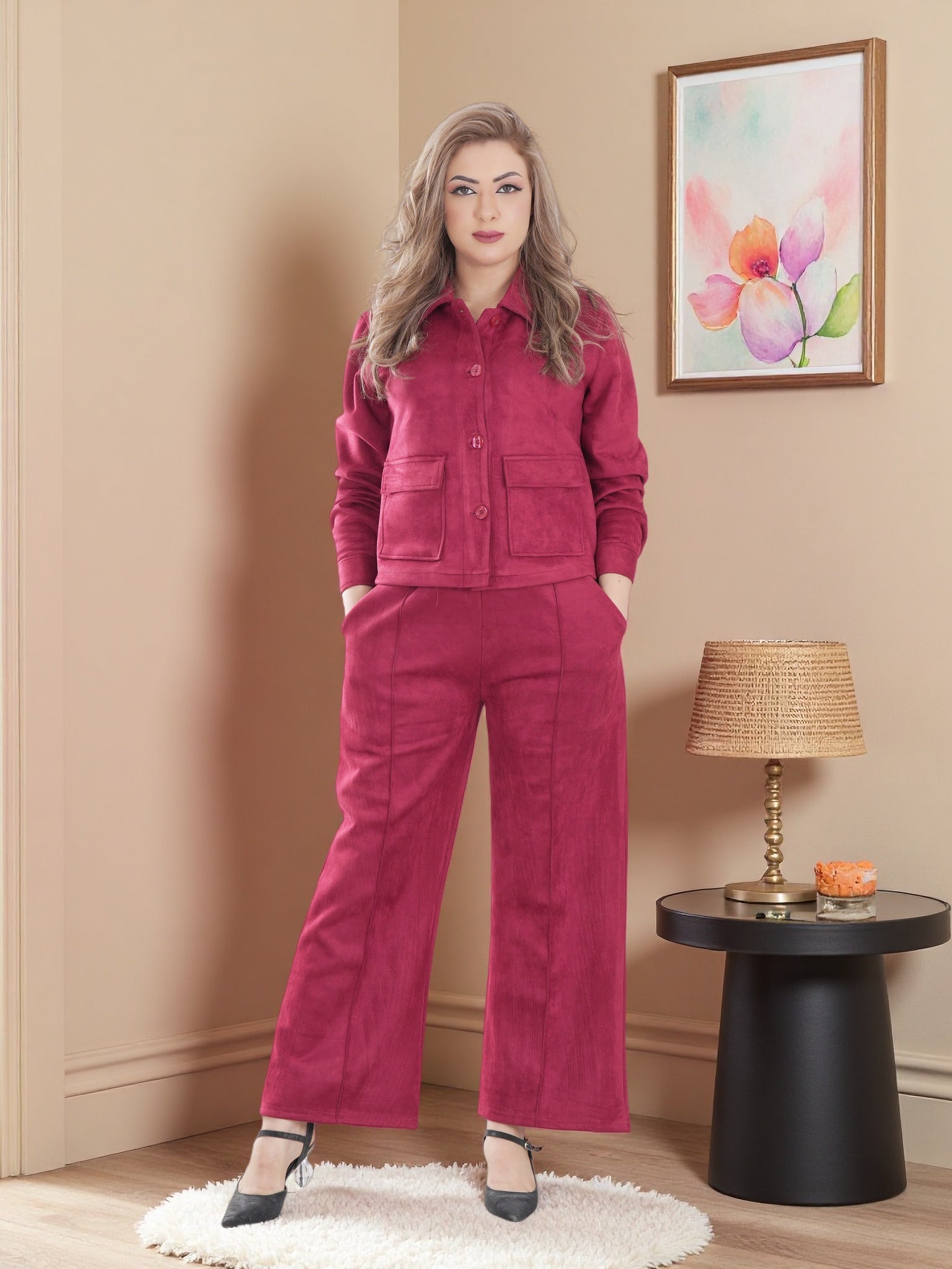 Women’s Suede Two-Piece Set – Button-Up Jacket & Wide-Leg Pants | Modest Elegant Outfit