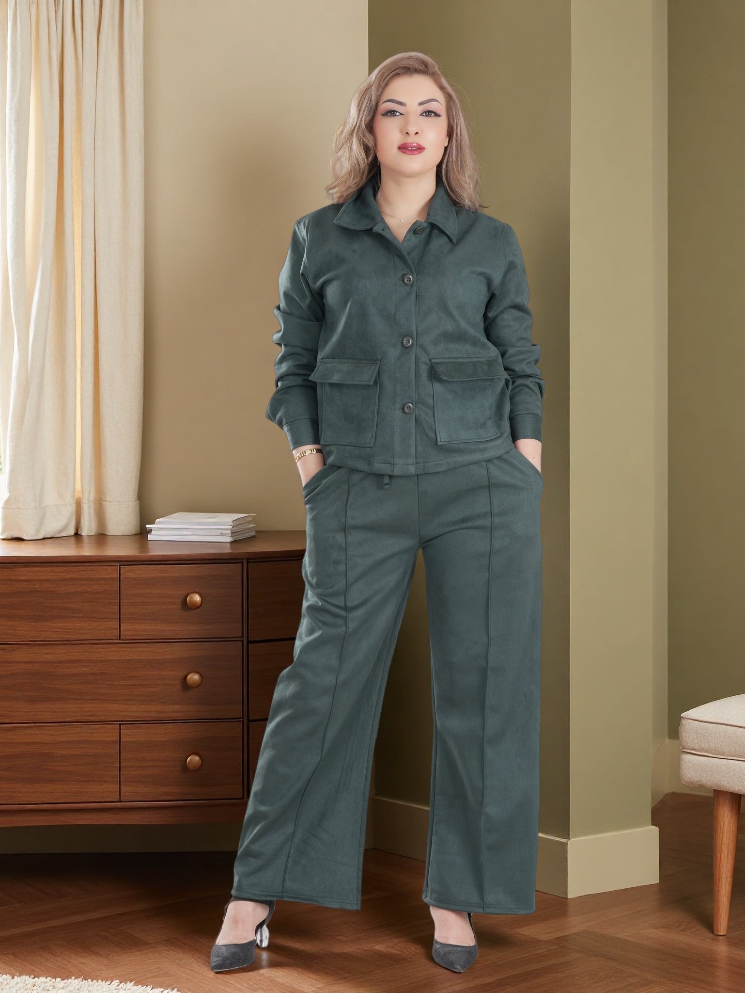 Women’s Suede Two-Piece Set – Button-Up Jacket & Wide-Leg Pants | Modest Elegant Outfit