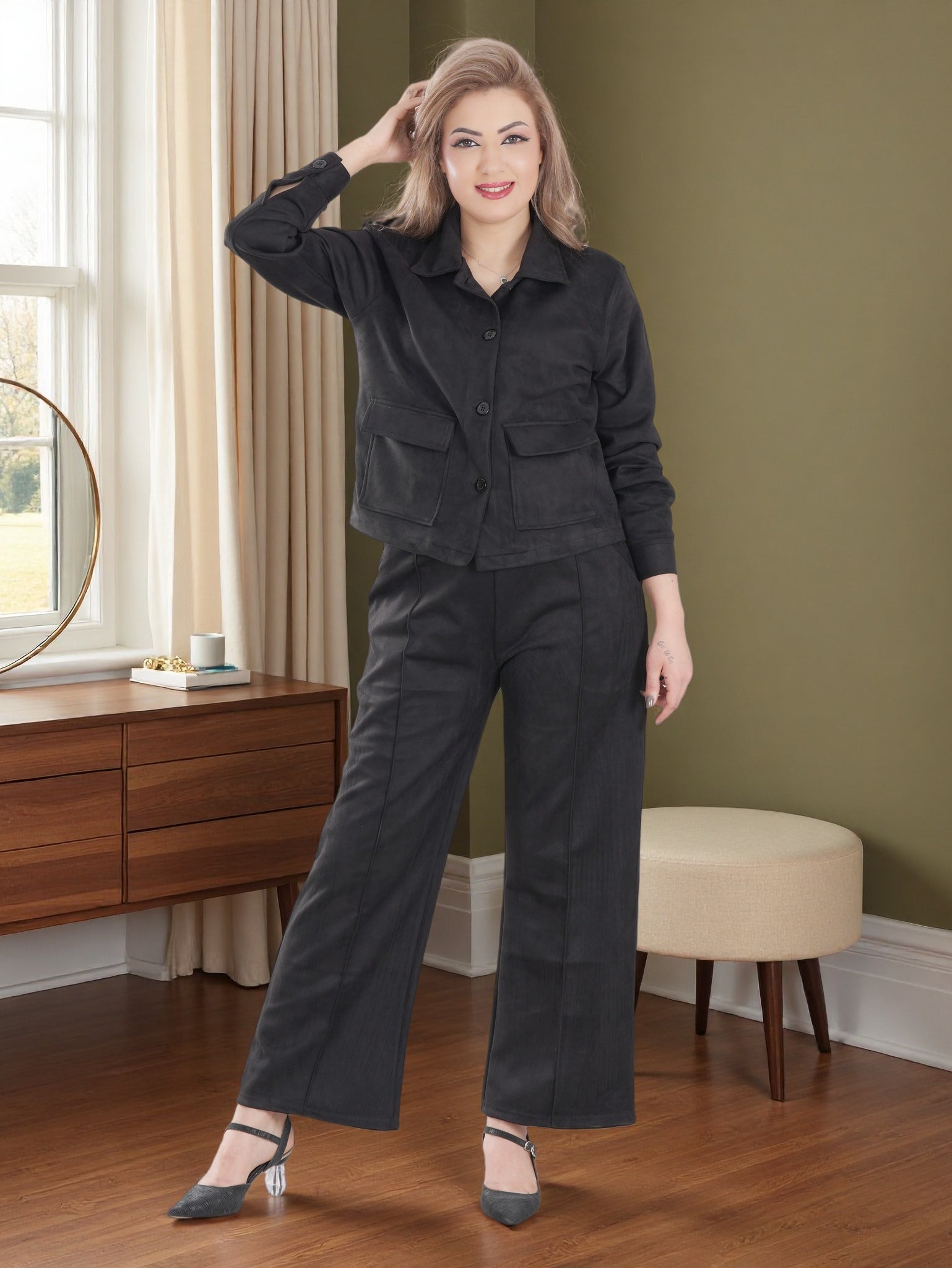 Women’s Suede Two-Piece Set – Button-Up Jacket & Wide-Leg Pants | Modest Elegant Outfit