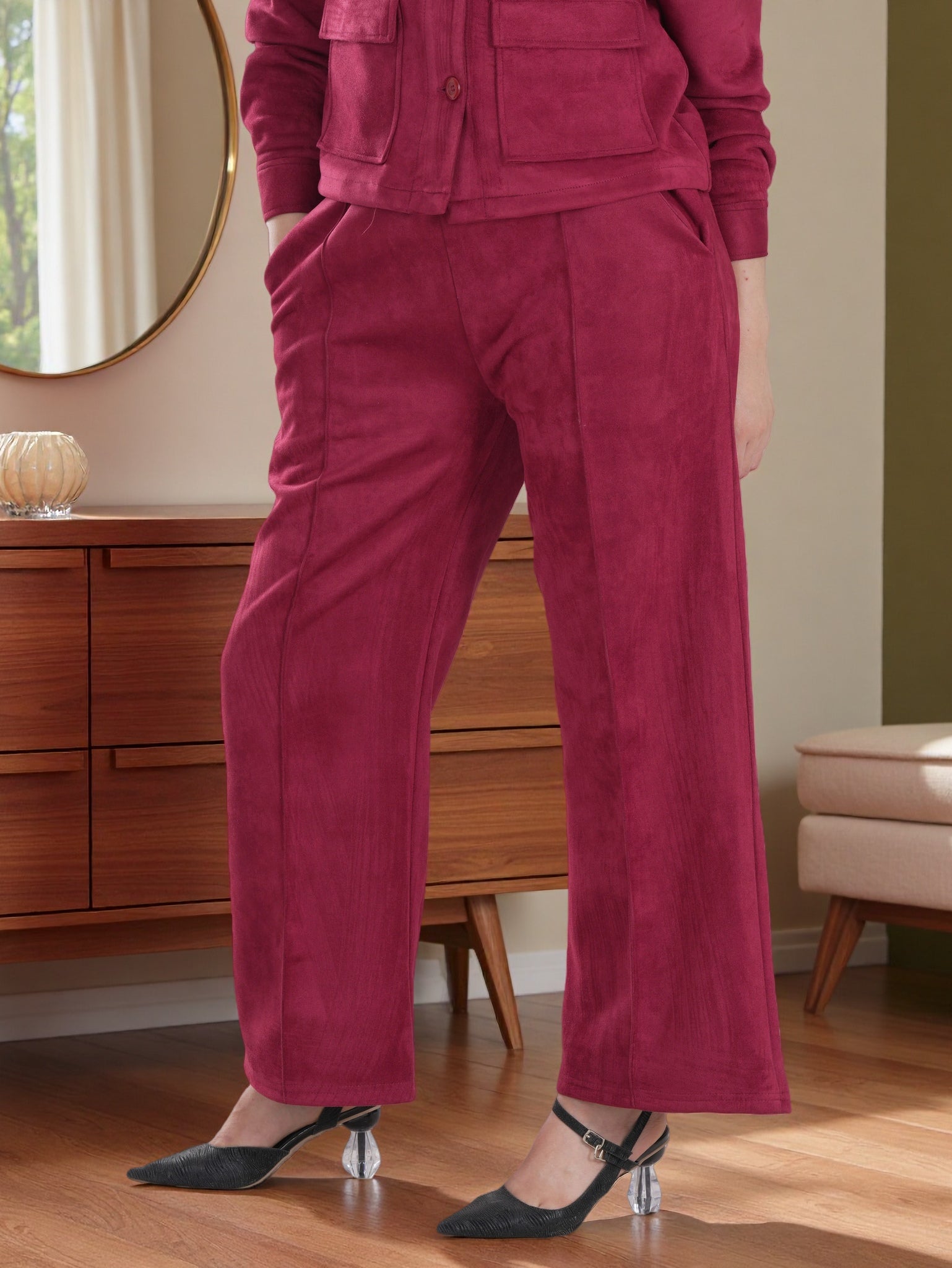 Women’s Suede Two-Piece Set – Button-Up Jacket & Wide-Leg Pants | Modest Elegant Outfit