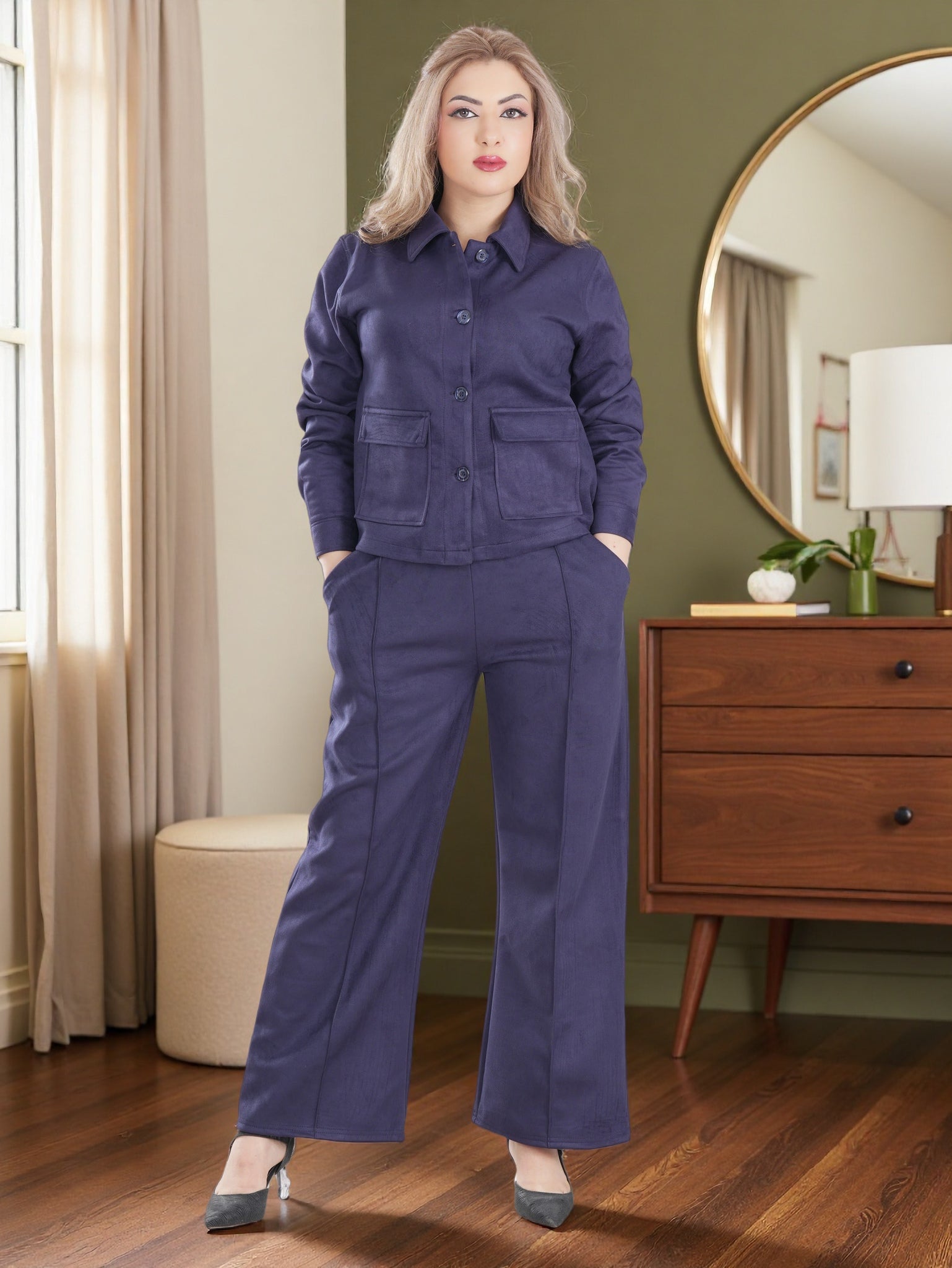 Women’s Suede Two-Piece Set – Button-Up Jacket & Wide-Leg Pants | Modest Elegant Outfit