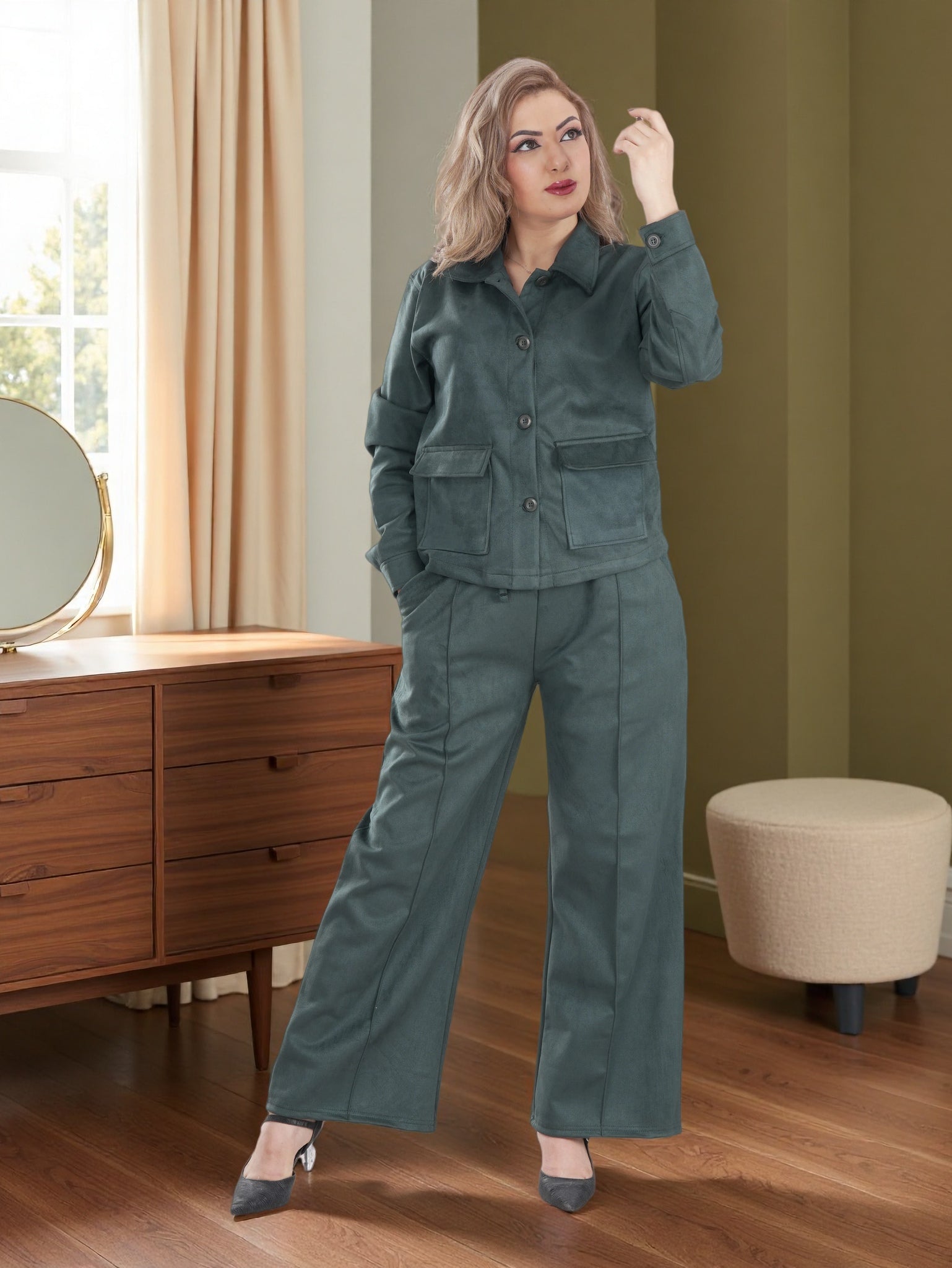 Women’s Suede Two-Piece Set – Button-Up Jacket & Wide-Leg Pants | Modest Elegant Outfit
