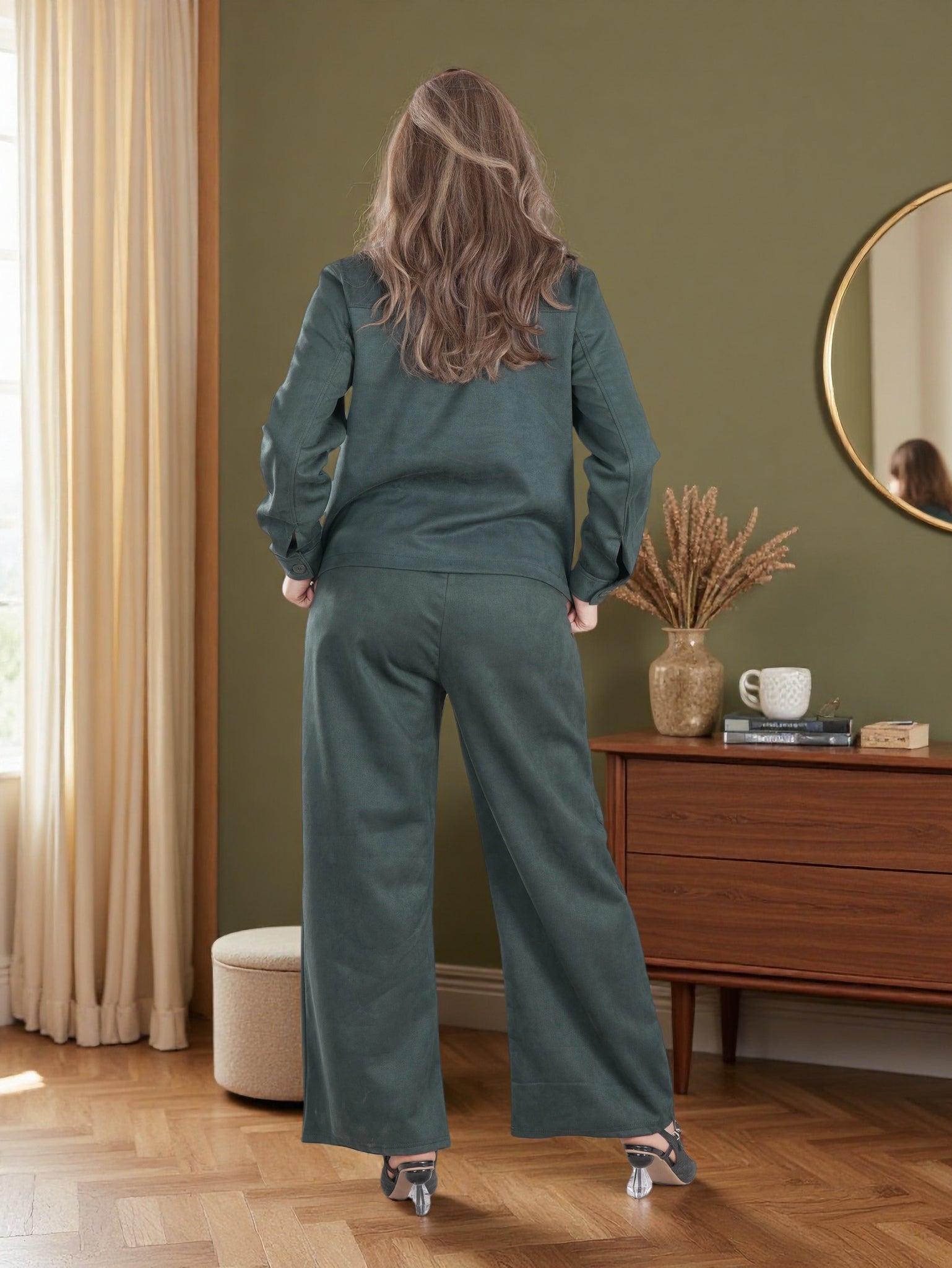 Women’s Suede Two-Piece Set – Button-Up Jacket & Wide-Leg Pants | Modest Elegant Outfit