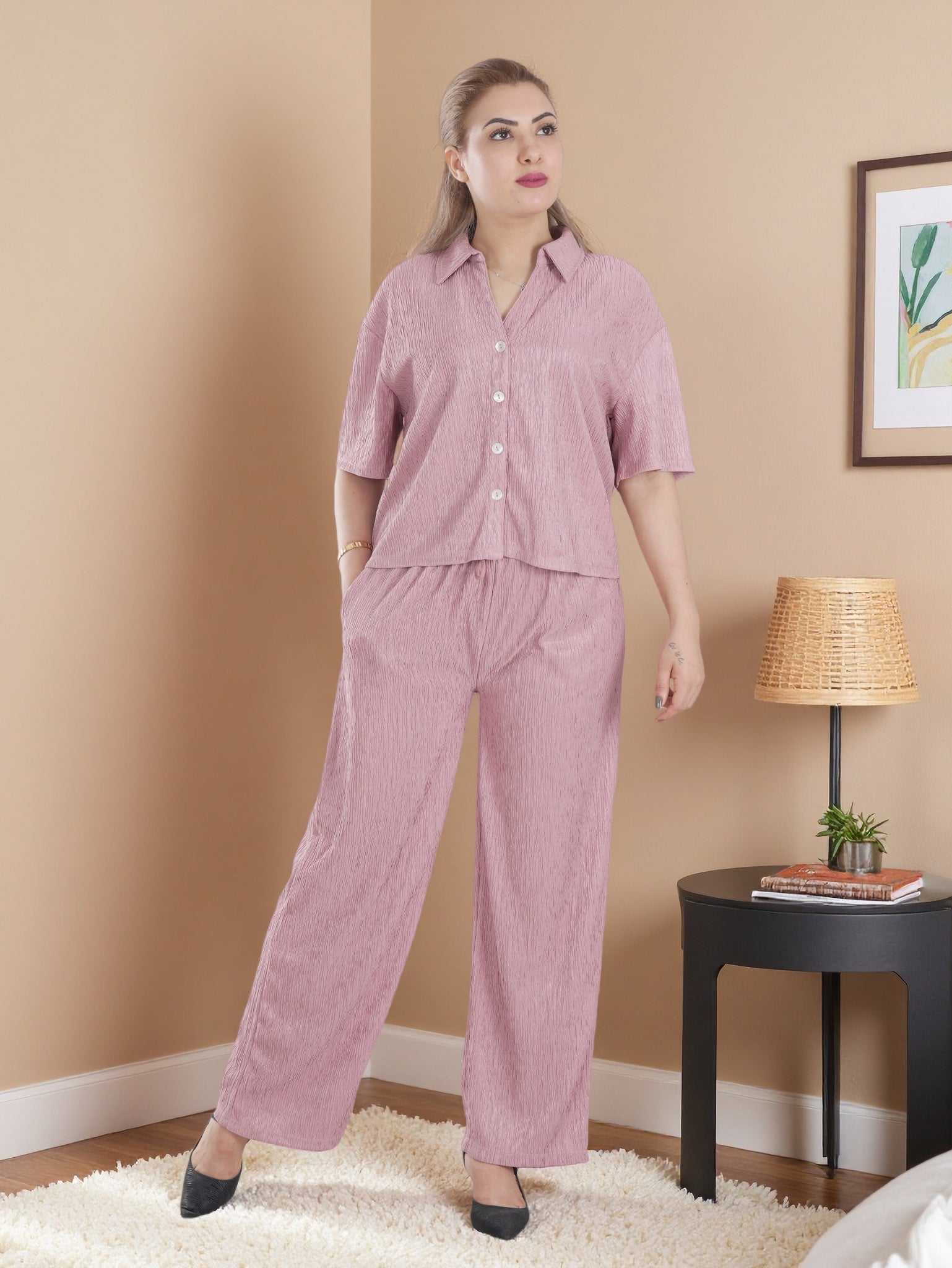 Women’s Cozy Fleece 2-Piece Loungewear Set – Long Sleeve Top & Wide-Leg Pants | Soft Winter Home Wear