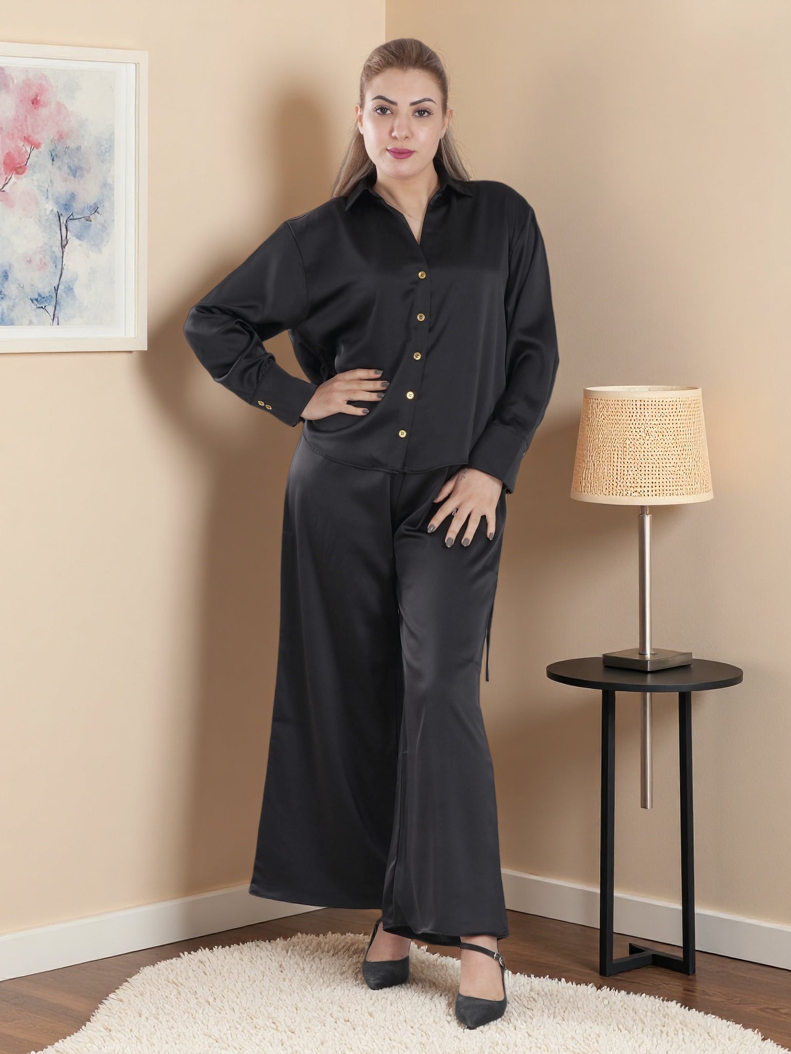 Women’s Premium Two-Piece Lounge Set | Long Sleeve Button Shirt & Wide-Leg Pants
