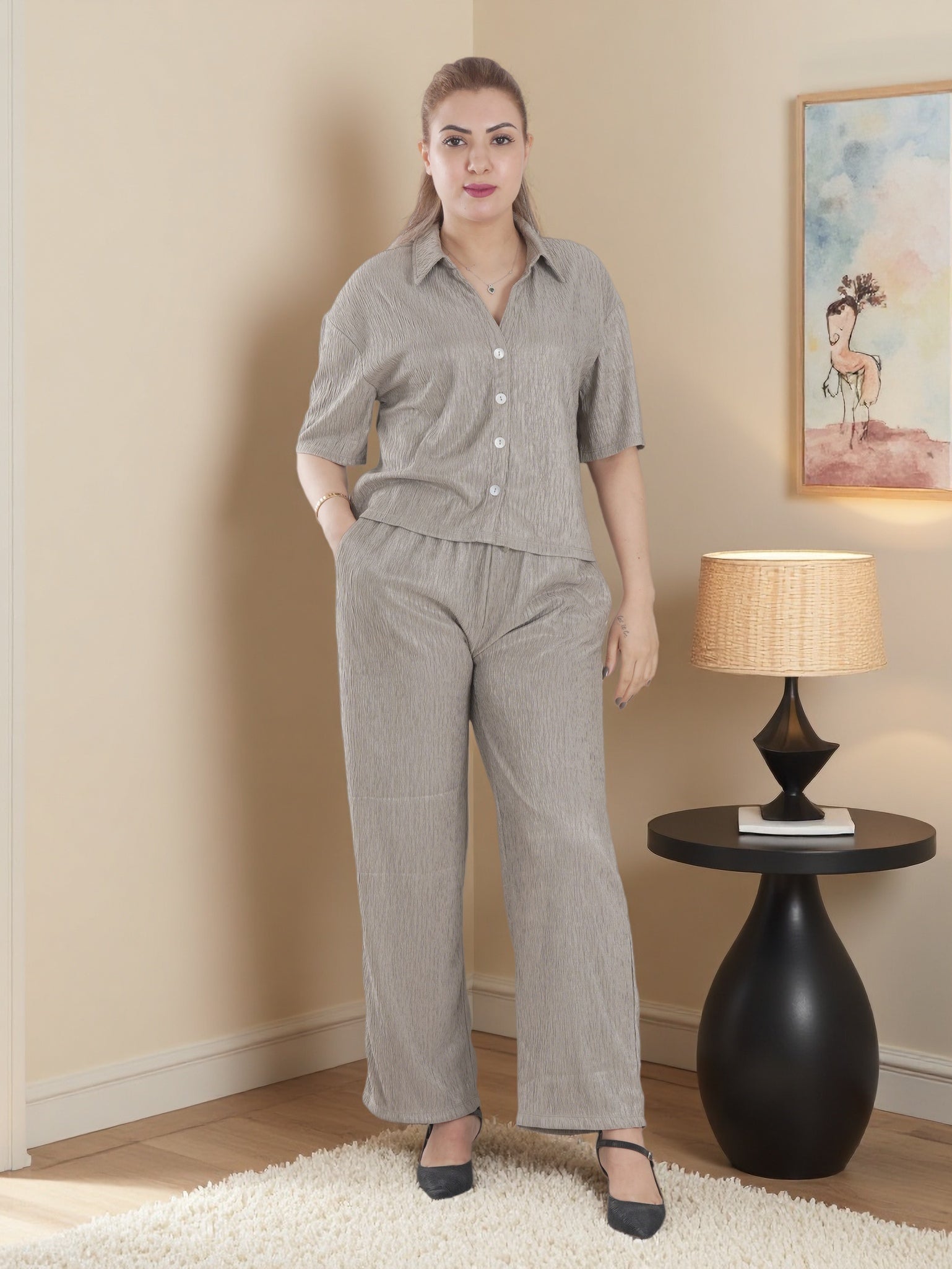 Women’s Cozy Fleece 2-Piece Loungewear Set – Long Sleeve Top & Wide-Leg Pants | Soft Winter Home Wear