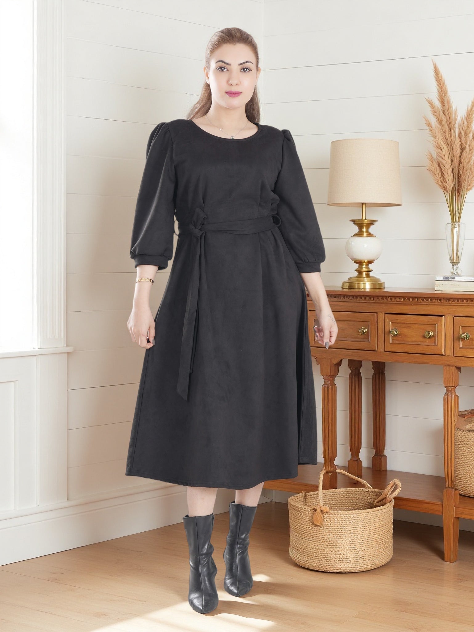 Women’s Warm Midi Dress with Waist Tie